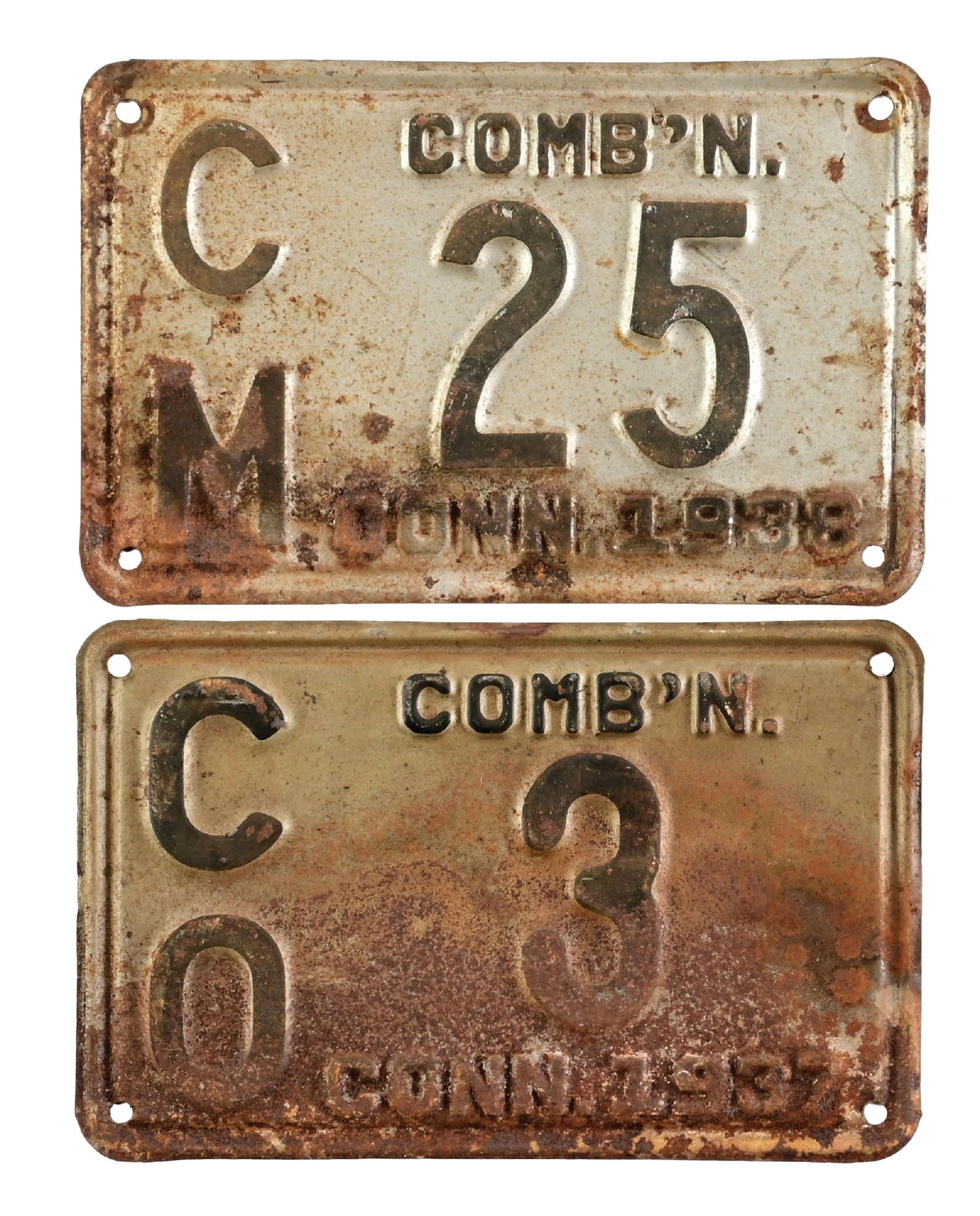 COLLECTION OF 2: COMB'N 3 & COMB'N 25 CONNECTICUT 1937-1938 EMBOSSED TIN LICENSE PLATES: Collection Consists Of: Pair of two embossed tin license plates for Connecticut 1937 & 1938. CONDITION: Each in fair condition, showing general age and surface wear as well as some surface rusting. He