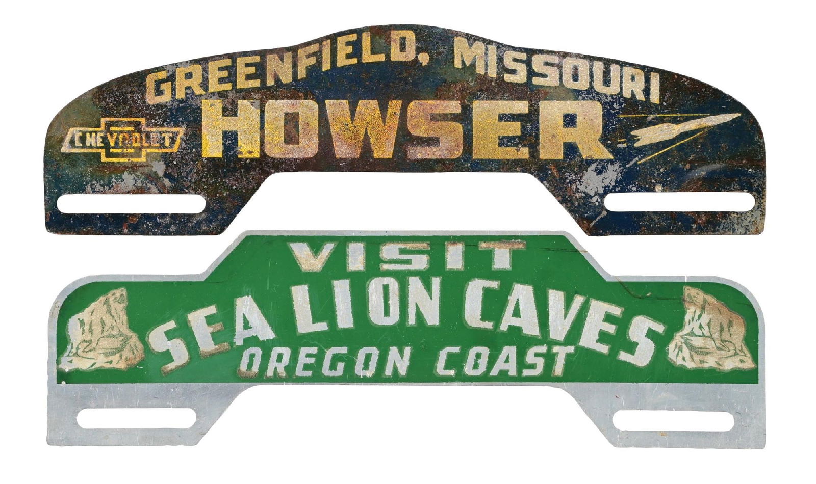 COLLECTION OF 2: PAINTED TIN LICENSE PLATE TOPPERS: Collection Consists Of: Sea Lion Caves & Howser Chevrolet Tin License Plate Toppers. CONDITION: Each showing general wear with areas of surface scratching and paint loss, as well as some rusting to th