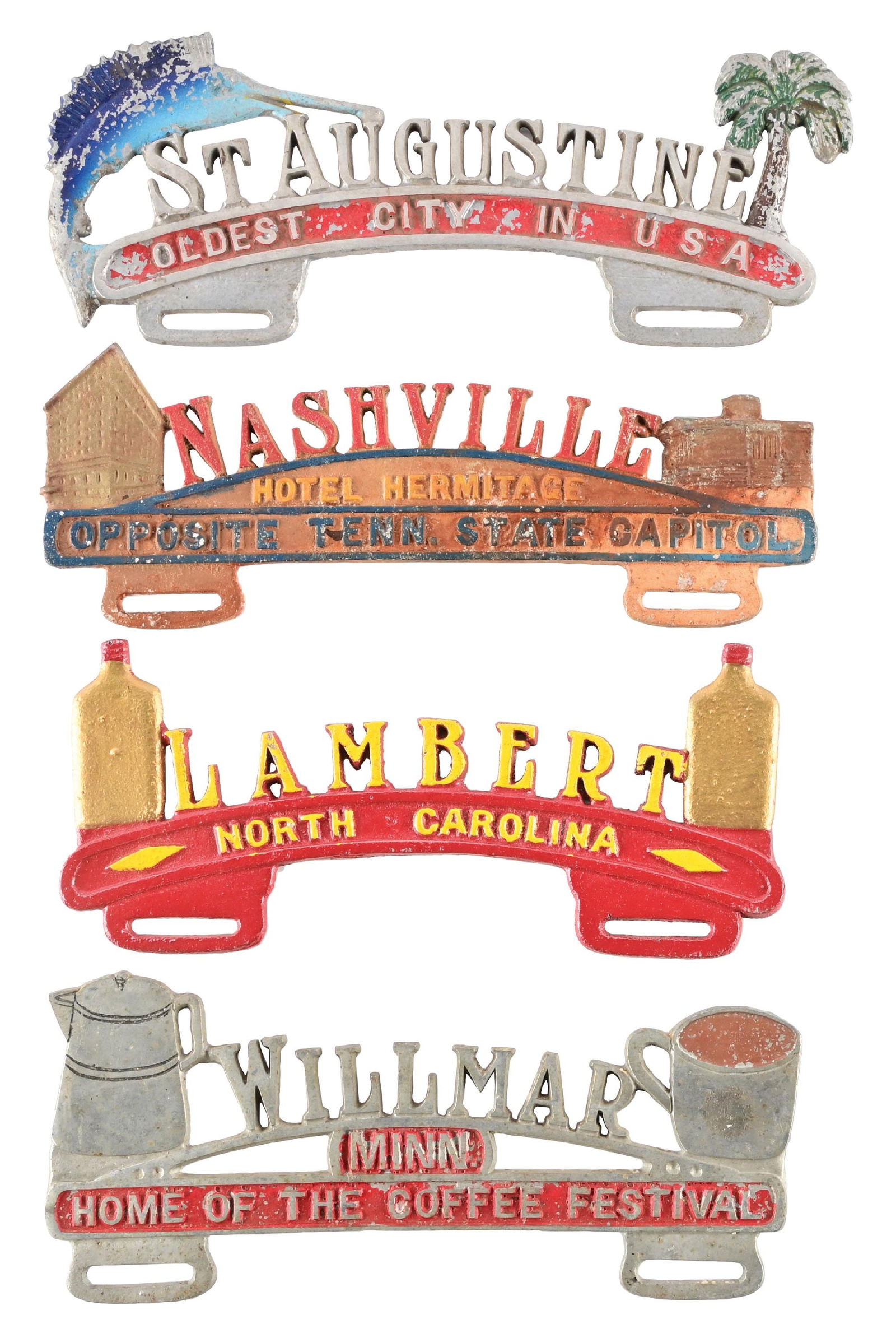 COLLECTION OF 4: VARIOUS CITY CAST METAL LICENSE PLATE TOPPERS (1 of 2)