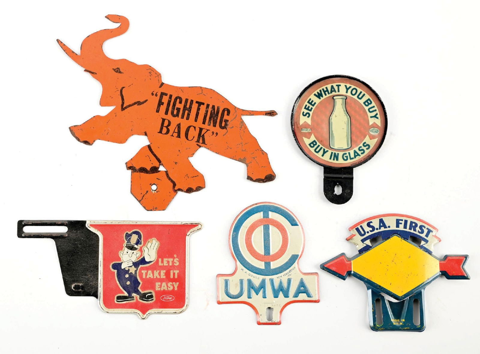 COLLECTION OF 5: VARIOUS AUTOMOBILE LICENSE PLATE ADVERTISING TOPPERS (1 of 2)