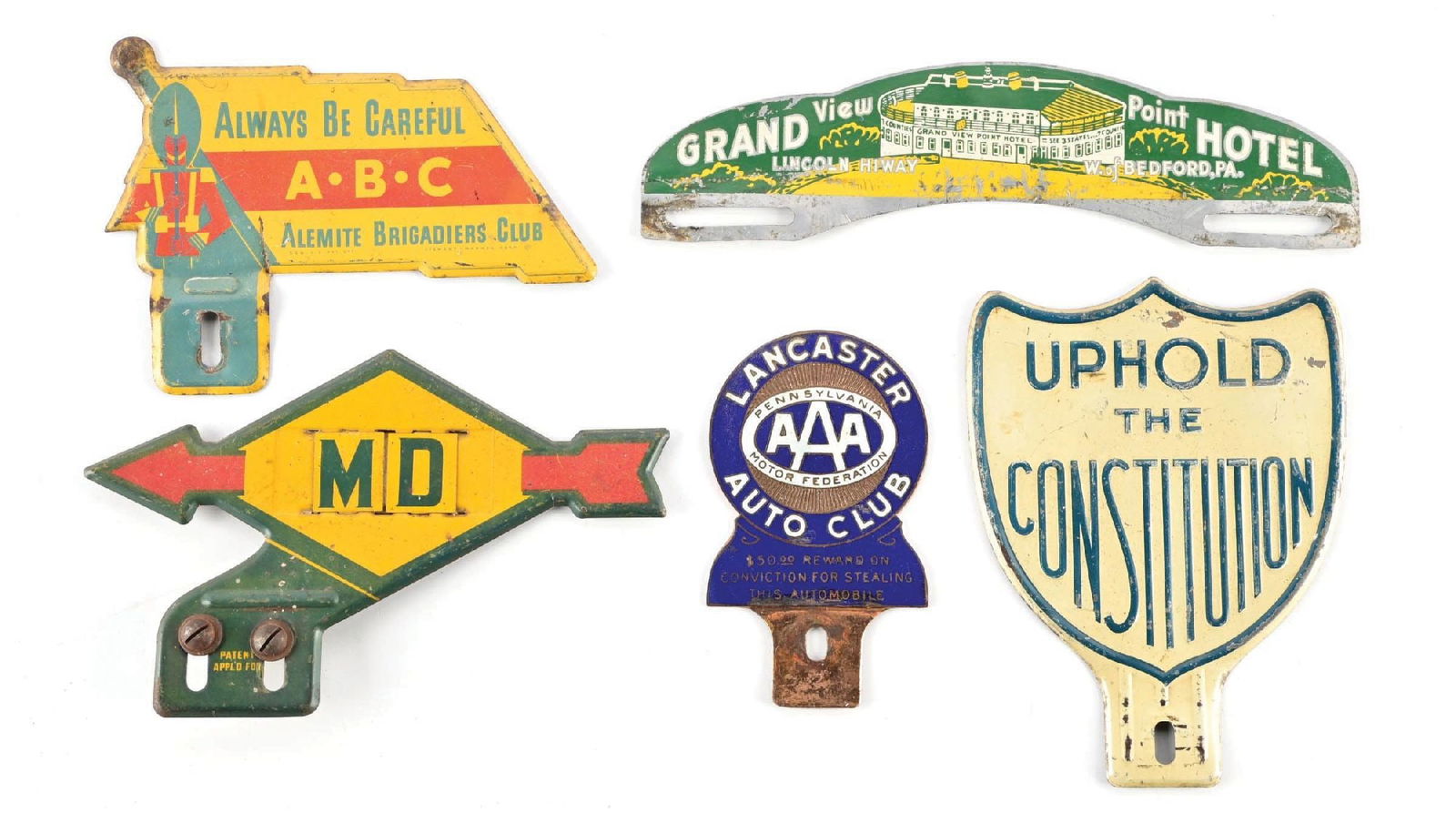 COLLECTION OF 5: VARIOUS AUTOMOBILE LICENSE PLATE TOPPERS (1 of 2)