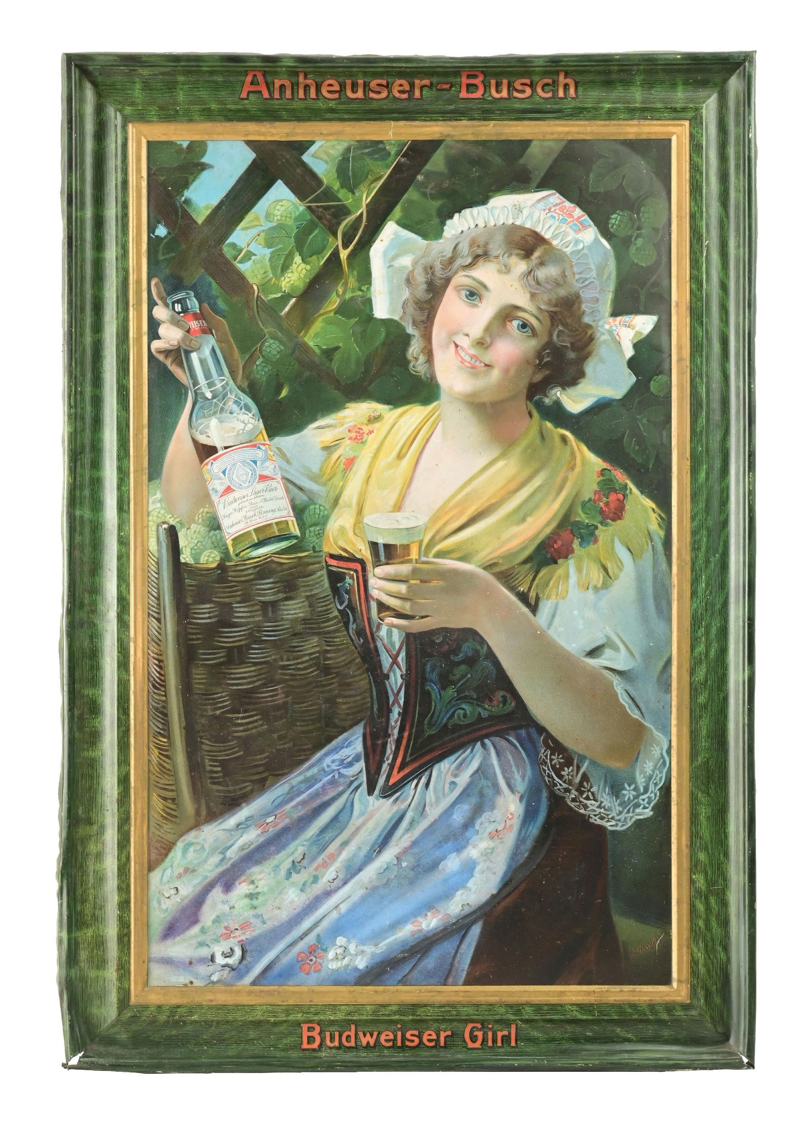 ANHEUSER-BUSCH BUDWEISER GIRL SELF-FRAMED TIN LITHOGRAPH SIGN (1 of 3)