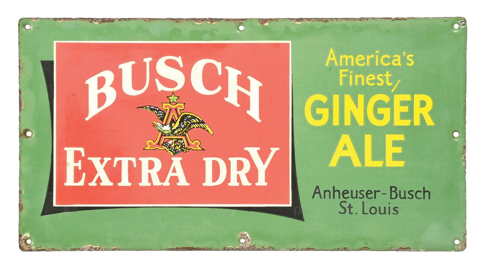 ANHEUSER-BUSCH EXTRA DRY GINGER ALE PORCELAIN SIGN: C. 1930s. Anheuser-Busch, St. Louis, Missouri. CONDITION: Nice thick, heavy porcelain. A solid example, with some overall wear and a very slight fade. Chipping and porcelain loss to the outer edges.