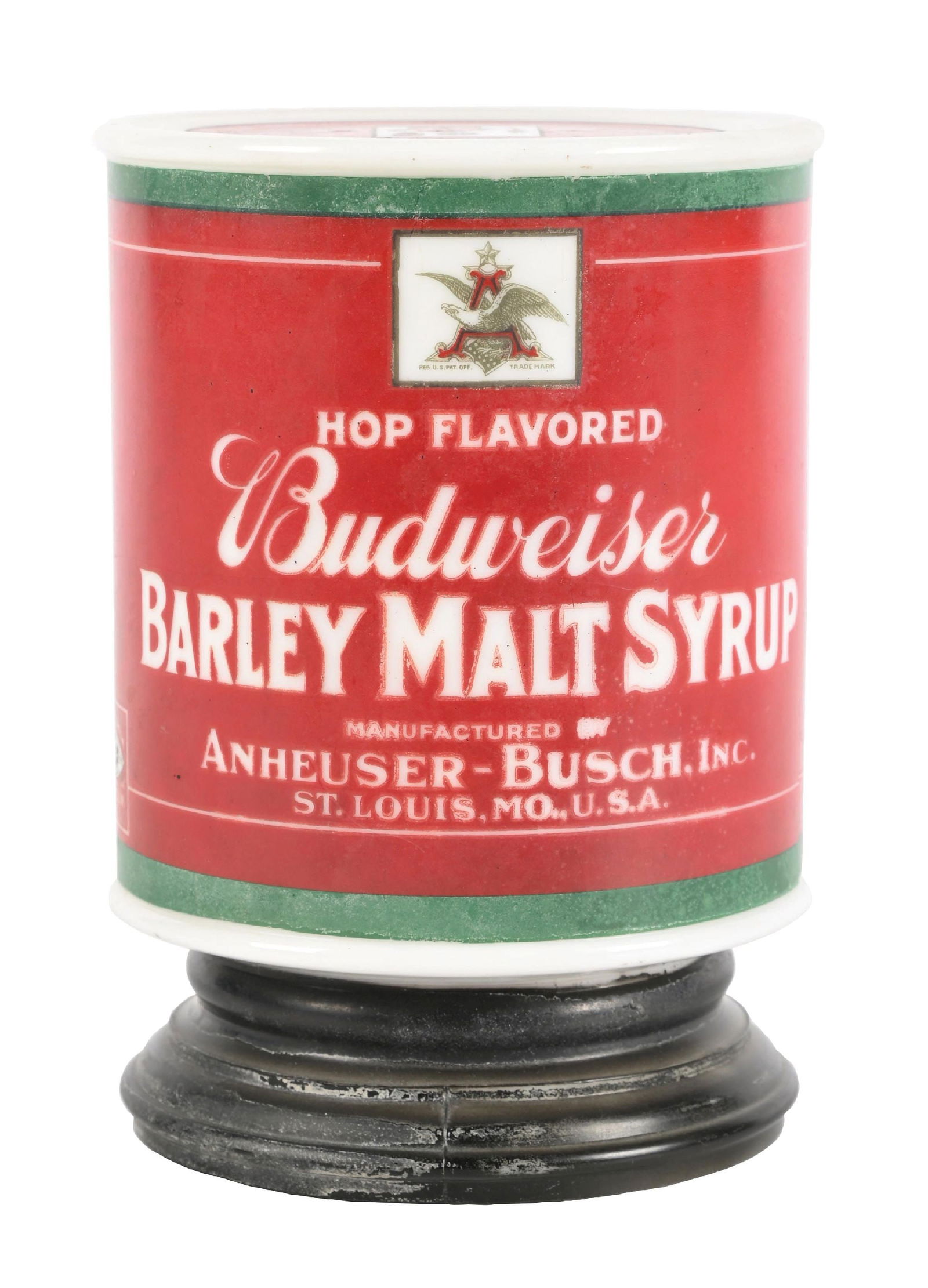 BUDWEISER BARLEY MALT SYRUP MILK GLASS DISPLAY: C. 1930s, Anheuser-Busch, St. Louis, Missouri. Harder-to-find display. CONDITION: Solid example with some light wear. One chip on bottom of base. Light insert is not included. Condition: (7.75).