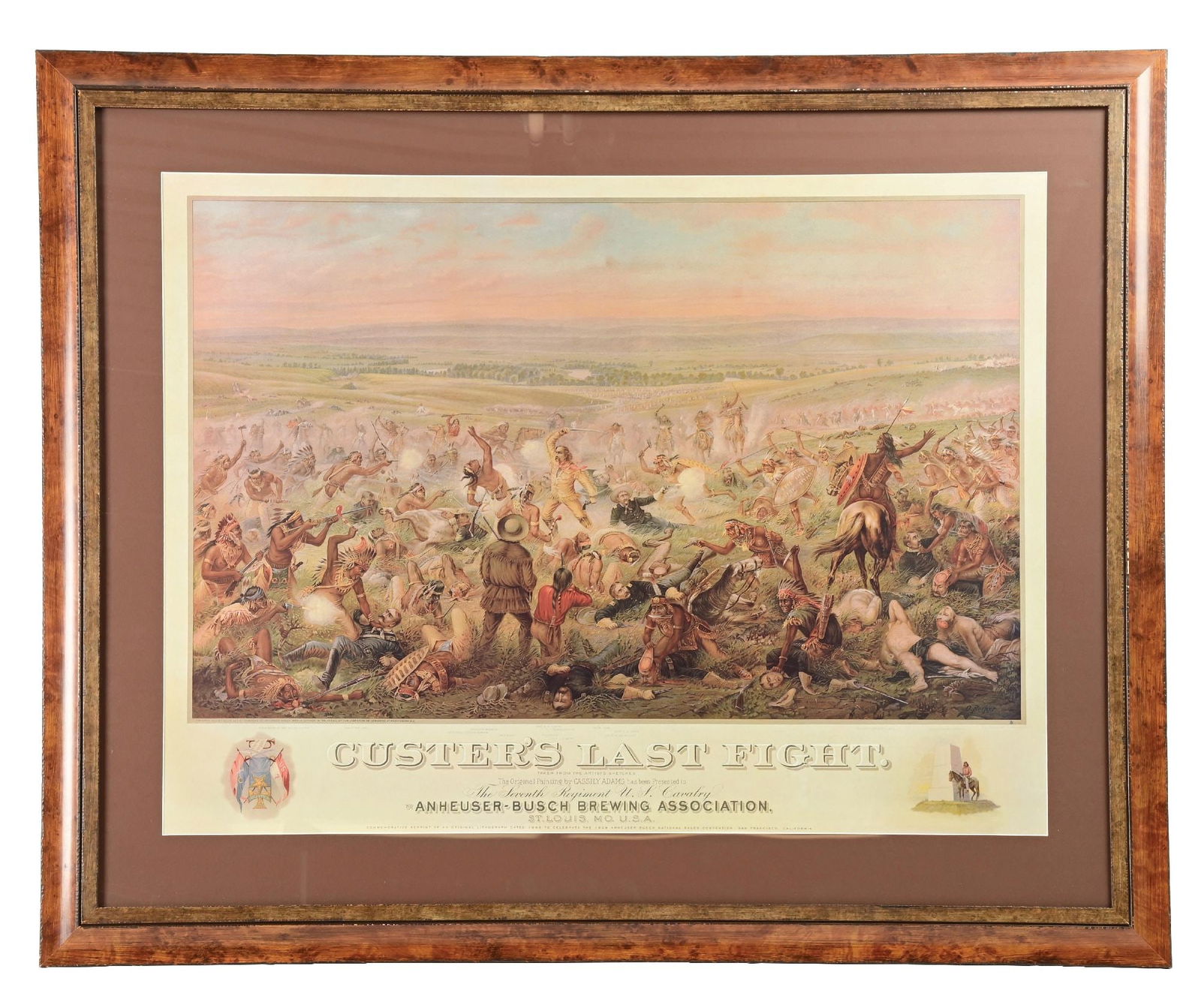 BUDWEISER CUSTER'S LAST FIGHT LITHOGRAPH SIGN: Anheuser-Busch Brewing Association, St. Louis, Missouri. CONDITION: A paper lithograph print of Custer's Last Fight. Incredible detail throughout the sign. Clean overall. Modern frame and matte. This