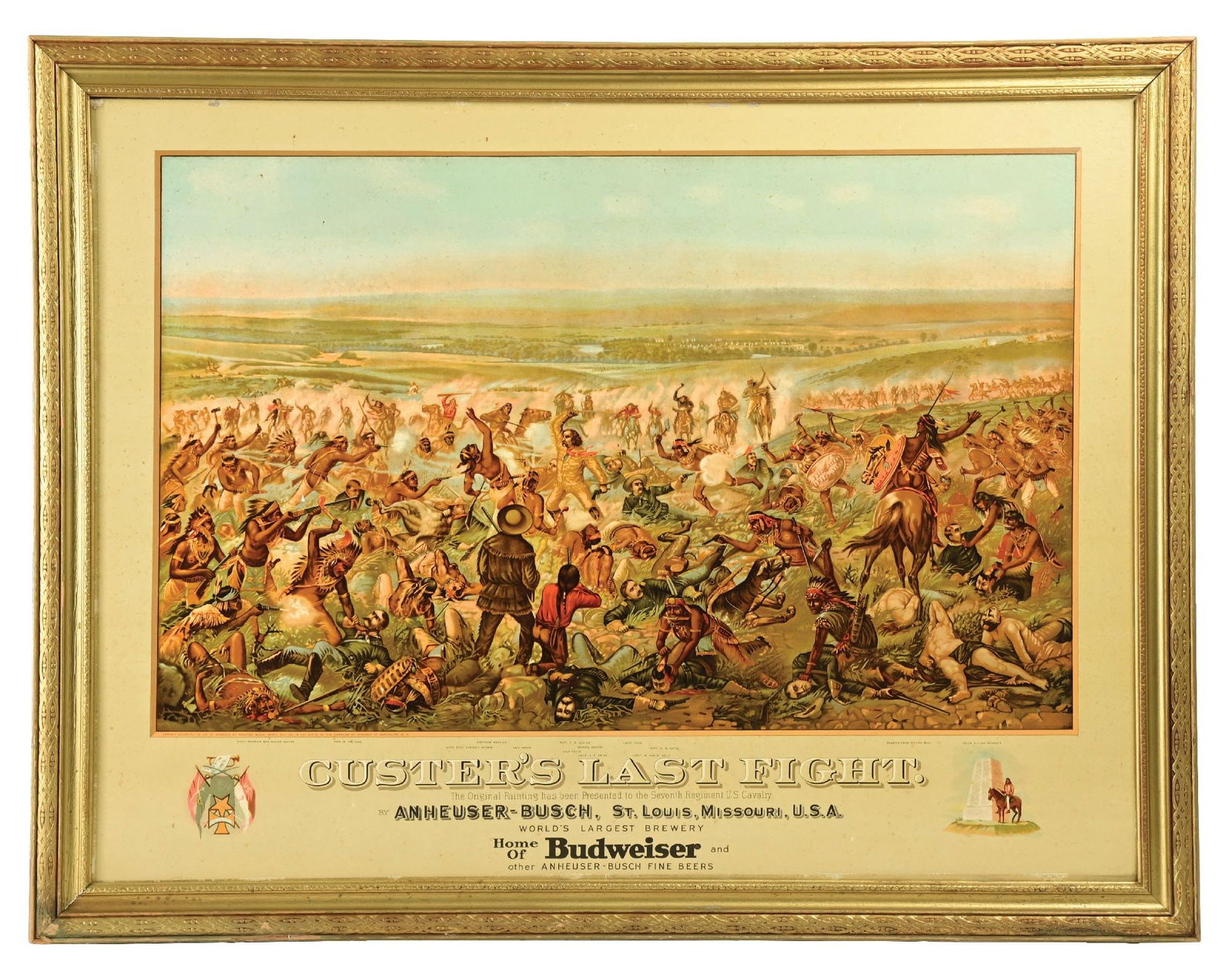 BUDWEISER CUSTER'S LAST FIGHT CARDBOARD SIGN: Anheuser-Busch, St. Louis, Missouri. CONDITION: A Budweiser Beer Custer's Last Fight. It has incredible detail and color throughout the sign. It has some light wear and marks. It has the original