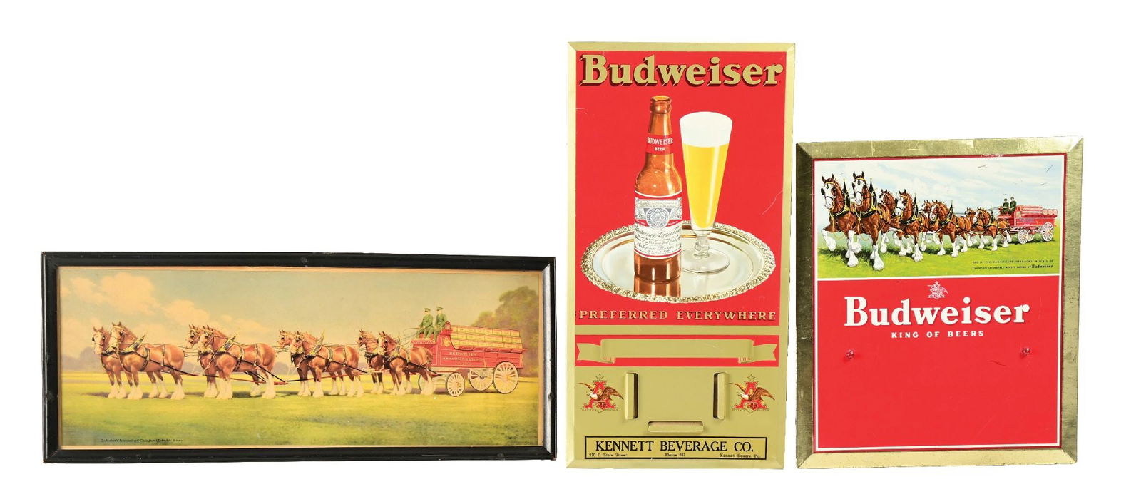COLLECTION OF 3: BUDWEISER ADVERTISING SIGNS: C. 1940s/1950s. Anheuser-Busch Budweiser Beer, St. Louis, Missouri. CONDITION: (A) A tin-over-cardboard (TOC) Budweiser calendar sign, featuring Kennett Beverage Co. Kennett Square, Pennsylvania. An