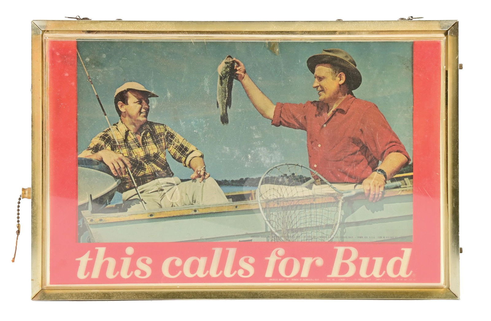 BUDWEISER BEER "THIS CALLS FOR BUD" FISHING LIGHT-UP SIGN: C. 1970s, Anheuser-Busch, St. Louis, Missouri. Difficult to find sign in this condition and working order. CONDITION: Displays well, has some light wear. Condition: (8.0). Dimensions: 18 - 3/8" x 12"
