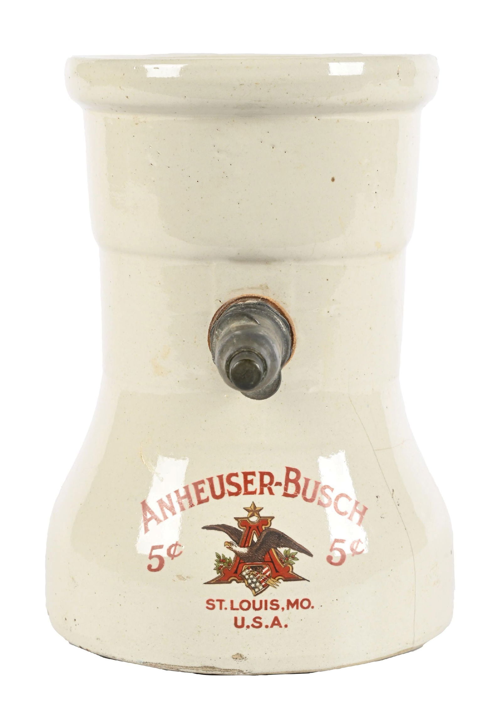 ANHEUSER-BUSCH 5¢ CERAMIC SYRUP DISPENSER: Prohibition Era, c. 1920s, Anheuser-Busch, St. Louis, Missouri. CONDITION: Solid example with bright colors on the strike. Has some tight hairlines to the right side of the logo. Condition: (7.5).