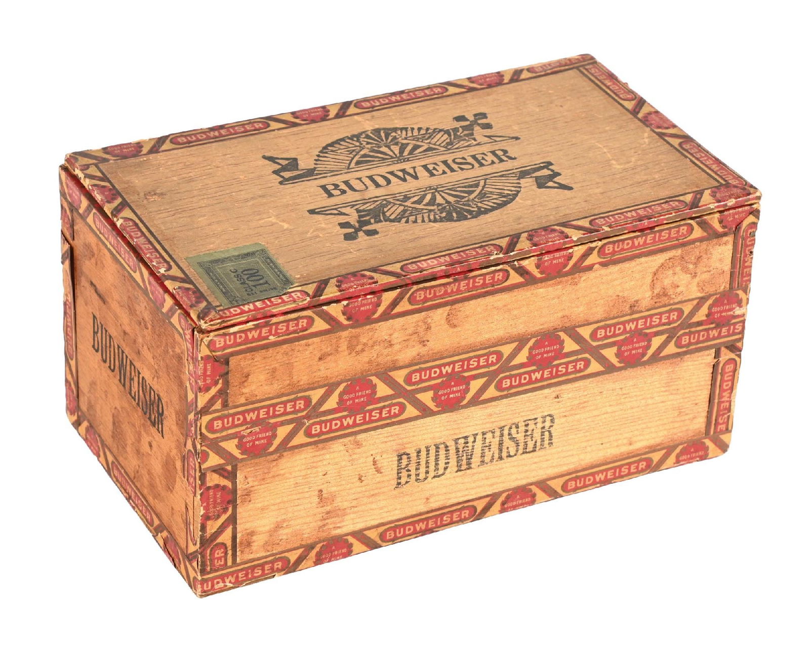 BUDWEISER CIGAR WOOD BOX & DISPLAY CASE: C. early 1900s, Anheuser-Busch, St. Louis, Missouri. Harder-to-find large example. CONDITION: Displays well. Has some light wear. Condition: (7.5). Dimensions: Box: 9" x 5" x 4 - 5/8".