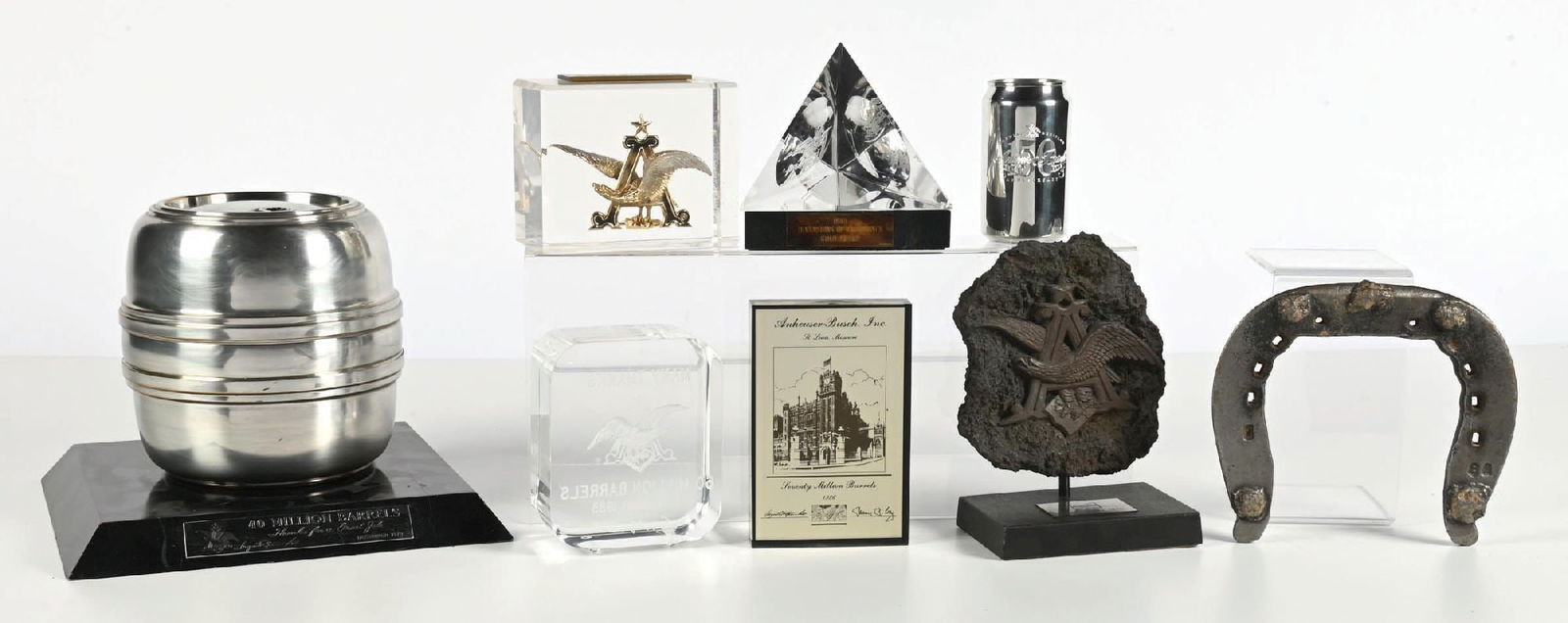 COLLECTION OF 8: ANHESUER-BUSCH AWARDS & ORIGINAL CLYDESDALE HORSESHOE: Modern, Anheuser-Busch, St. Louis, Missouri. Some difficult to obtain Anhesuer-Busch distributor awards that were given to a York, Pennsylvania distributor. CONDITION: Clean overall with some light