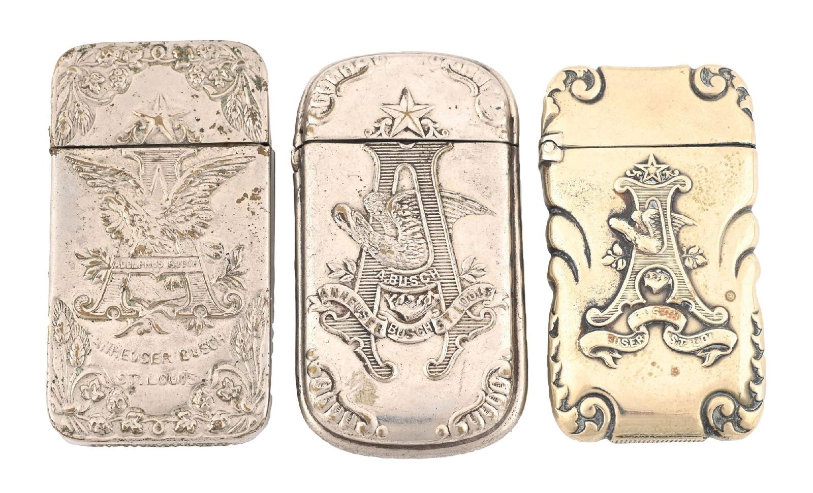 COLLECTION OF 3: ANHEUSER-BUSCH EARLY MATCH SAFES: Pre-Prohibition, c. late 1800s - early 1900s, Anheuser-Busch, St. Louis, Missouri. Some more exquisite examples with incredible detail. CONDITION: Display well. Shows some general wear from use. Condi