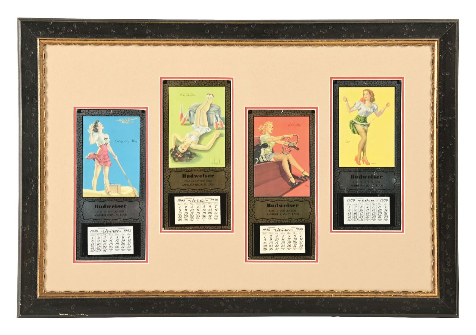 SET OF 4 1939 BUDWEISER PIN-UP GIRL CALENDARS FROM VARIOUS ARTISTS: CONDITION: All four are clean and solid. The green example has some light foil loss. The red example lower-left corner is missing. Modern frame and matte. Condition: (8.5). Dimensions: Frame: 31 - 1/2