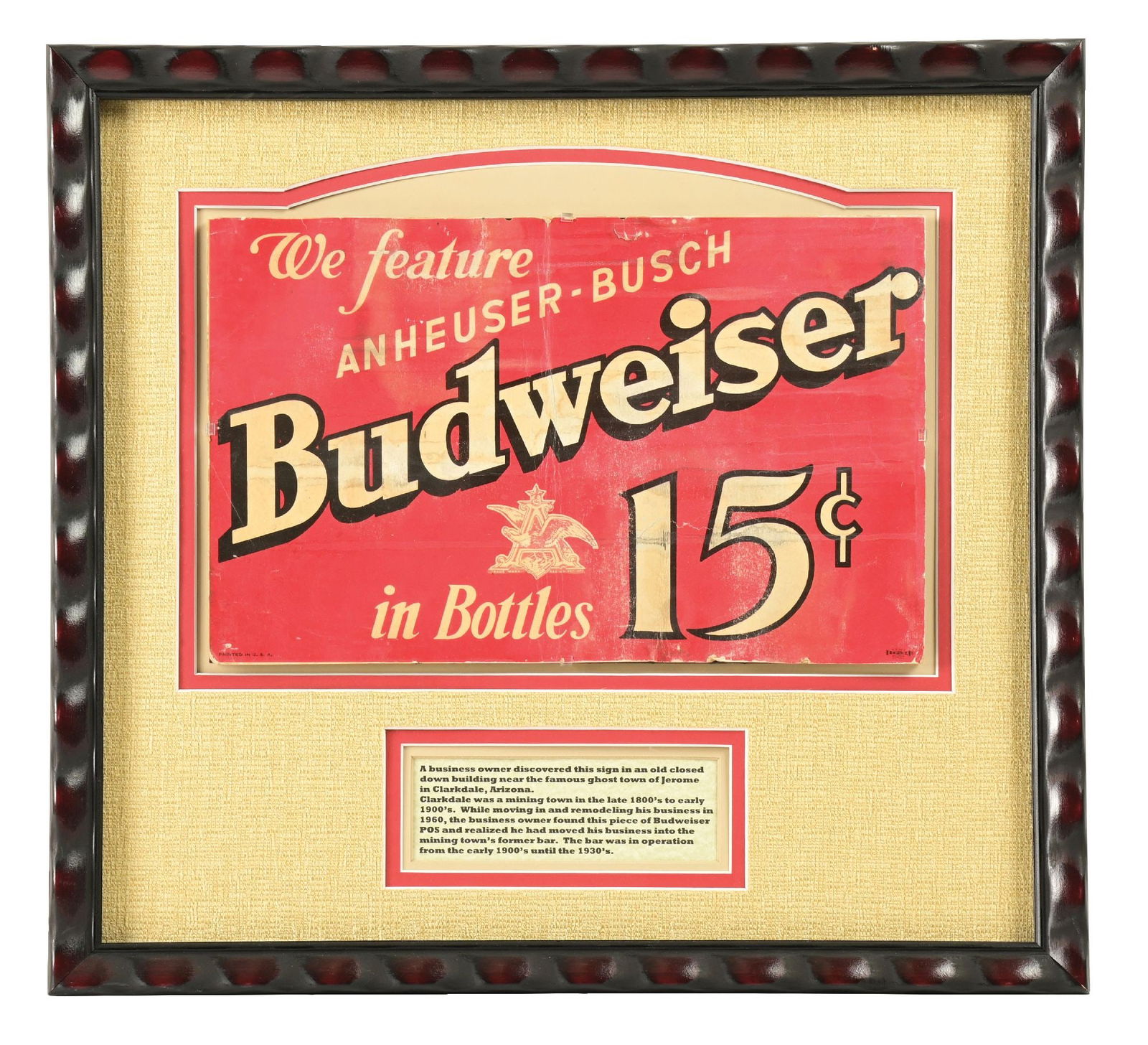 ANHEUSER-BUSCH BUDWEISER 15¢ LITHOGRAPH CARDBOARD SIGN (1 of 6)