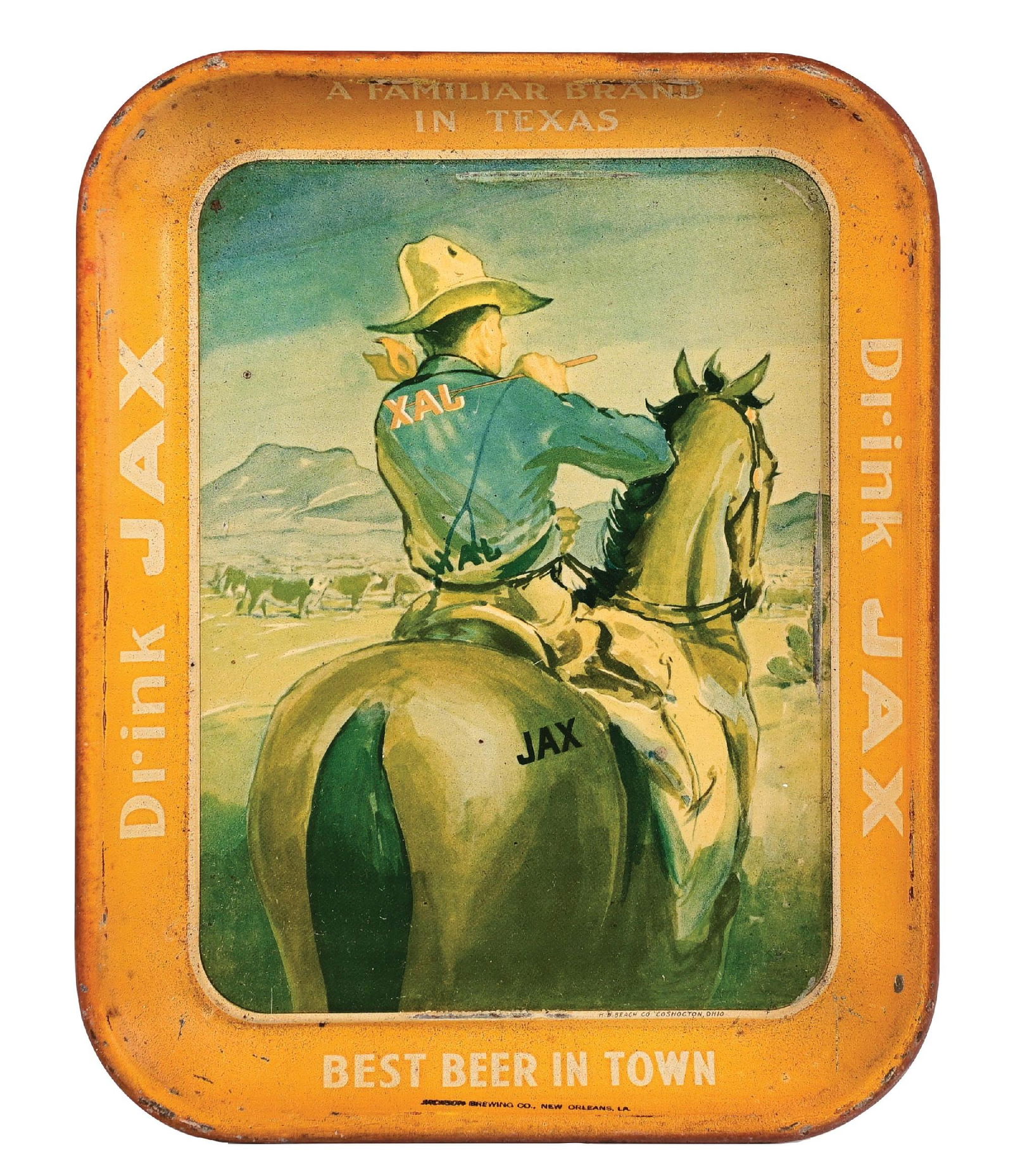 DRINK JAX BEST BEER IN TOWN TIN SERVING TRAY W/ COWBOY GRAPHIC (1 of 3)