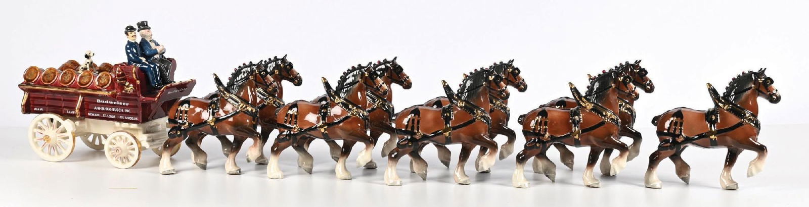 METLOX MANUFACTURING CO. ANHEUSER-BUSCH CLYDESDALE CERAMIC DISPLAY: Clean and difficult-to-find Clydesdale horse team set. CONDITION: Displays well, with no chips or repairs to mention. Condition: (9.5). Dimensions: Carriage: 12 - 3/8" x 7" x 8".