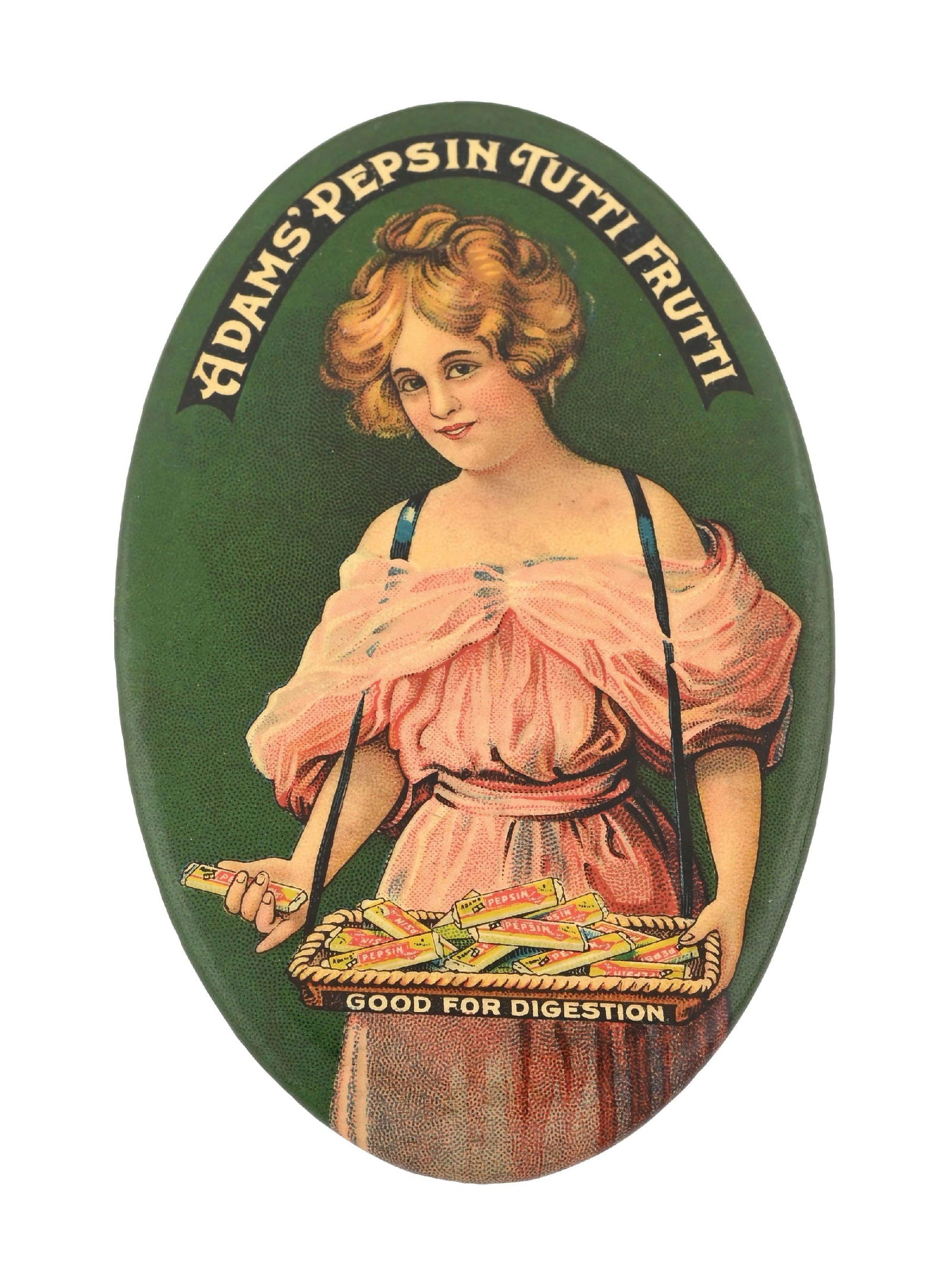 ADAMS PEPSIN TUTTI FRUITTI CHEWING GUM POCKET MIRROR: CONDITION: It shows good color and shine, with one light imperfection in the celluloid below the word "Pepsin". The mirror is 90% clear, with areas of oxidation to the outside rim. Condition: (8.5). D