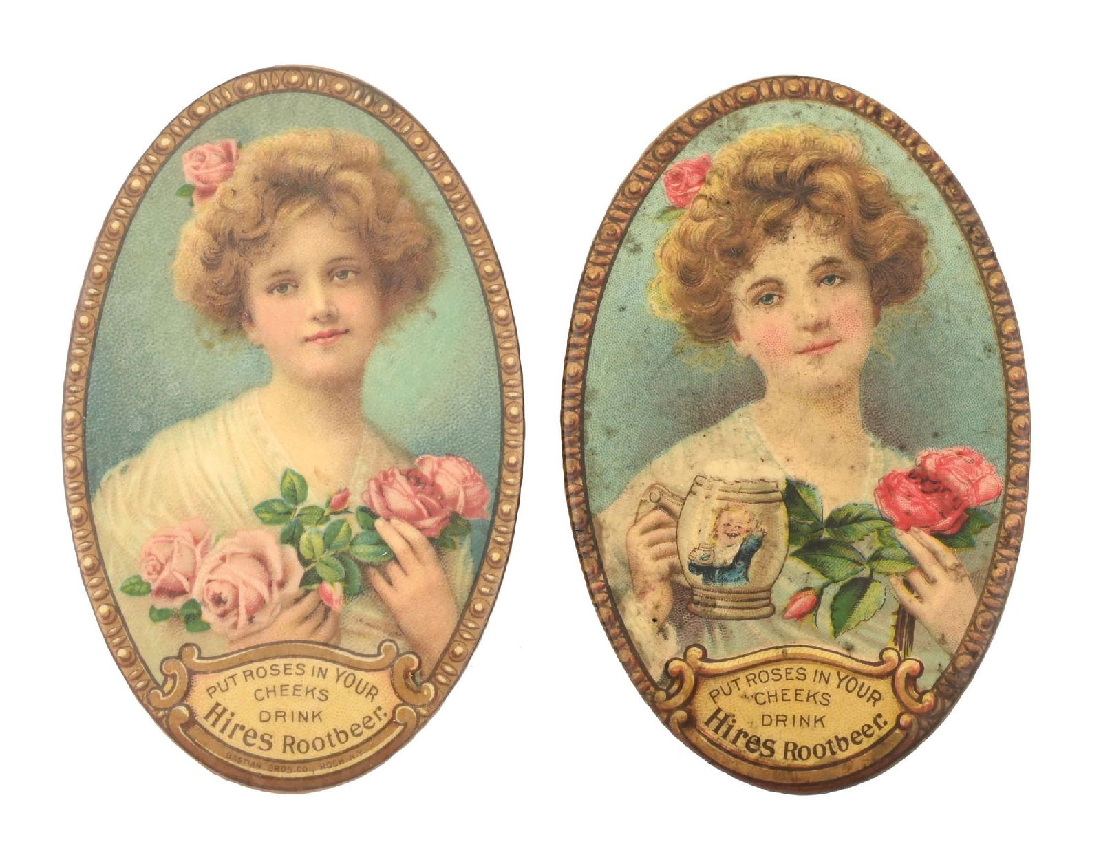 PAIR OF HIRE'S ROOT BEER POCKET MIRRORS: CONDITION: (A) A flower version of the Hire's pocket mirror, showing good color and shine. No imperfections in the celluloid. The mirror is 90% clear, with light oxidation to the outside rim. (8.5). (