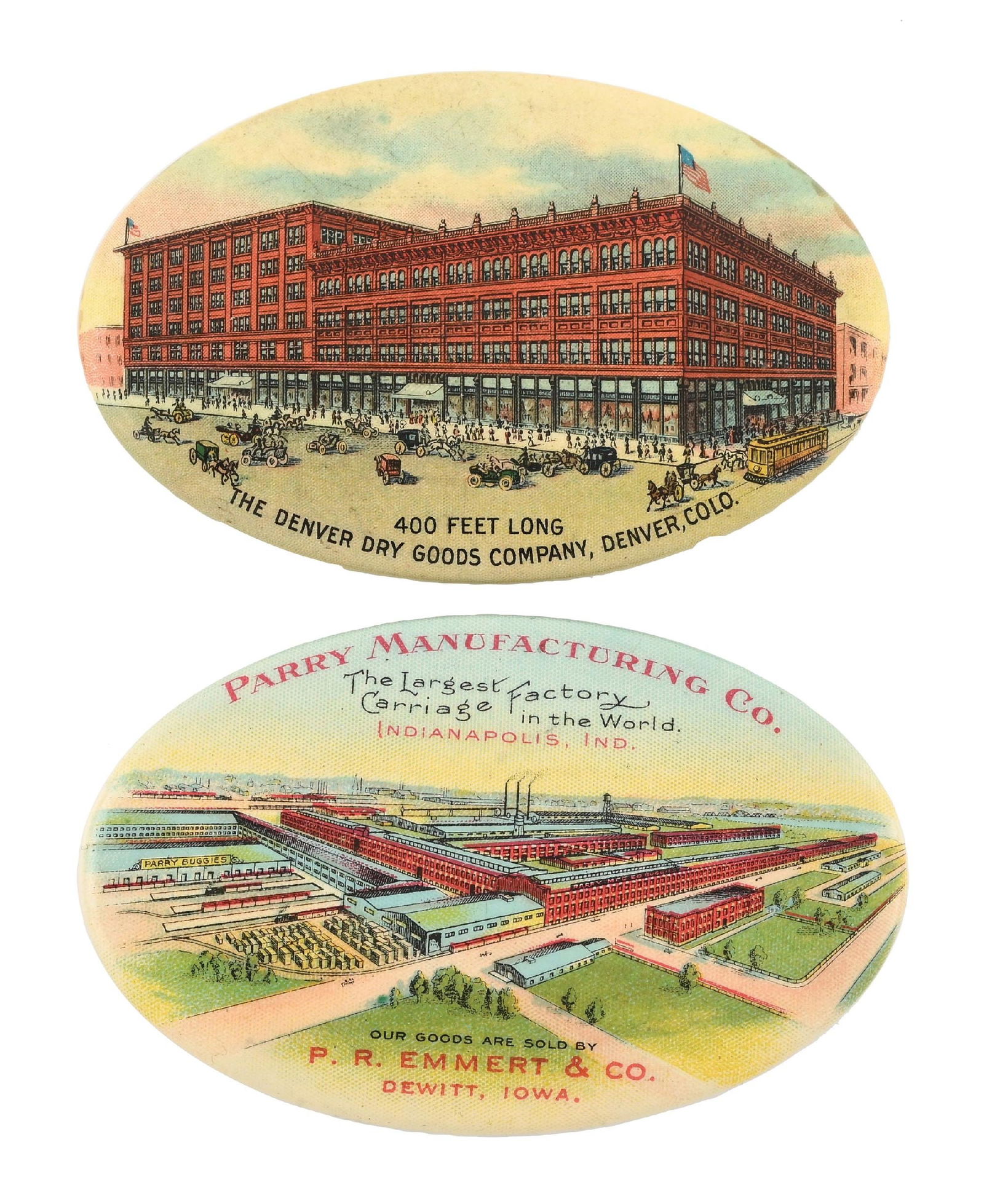 PAIR OF CELLULOID POCKET MIRRORS: CONDITION: (A) A Parry Manufacturing Company pocket mirror, showing good color and shine. No imperfections to the celluloid. A 90% clear mirror with light oxidation to the rim. (8.5). (B) A Denver Dry