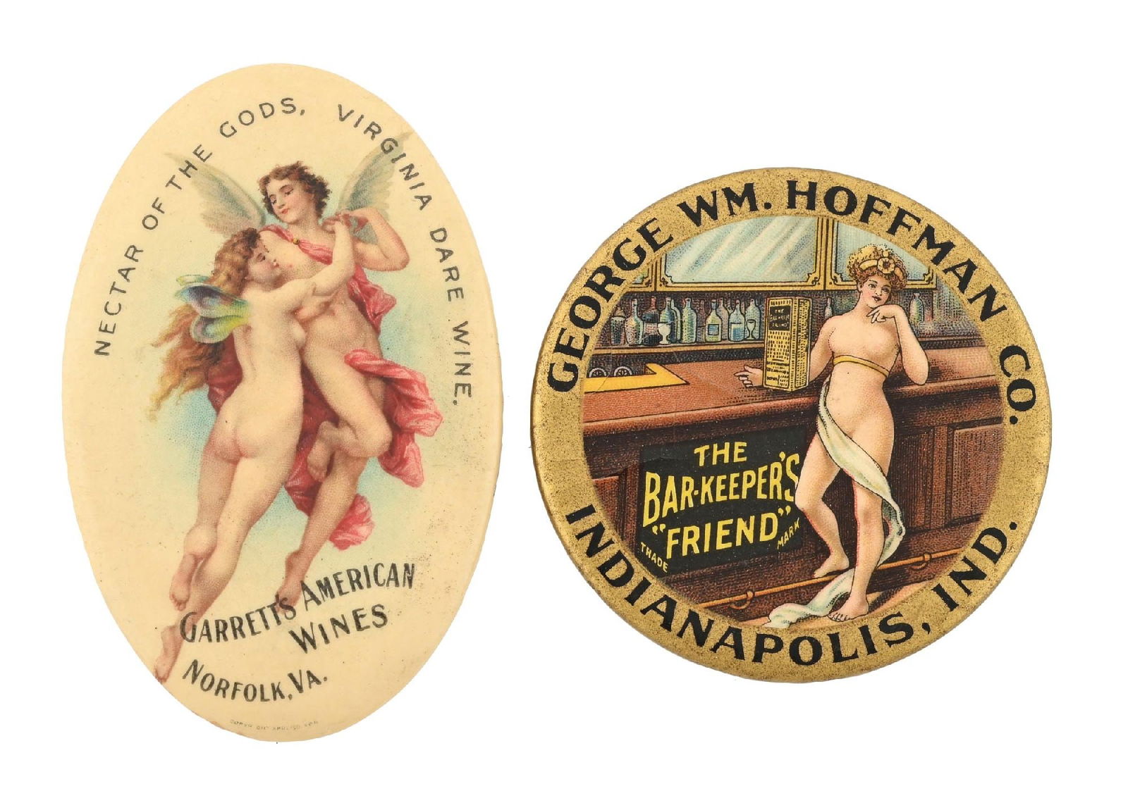 PAIR OF ADVERTISING POCKET MIRRORS: CONDITION: (A) A Garrett American Wines pocket mirror, showing excellent color and shine. No rips or imperfections to the celluloid. An 80% clear mirror with light oxidation to the rim. (8.7). (B) A G
