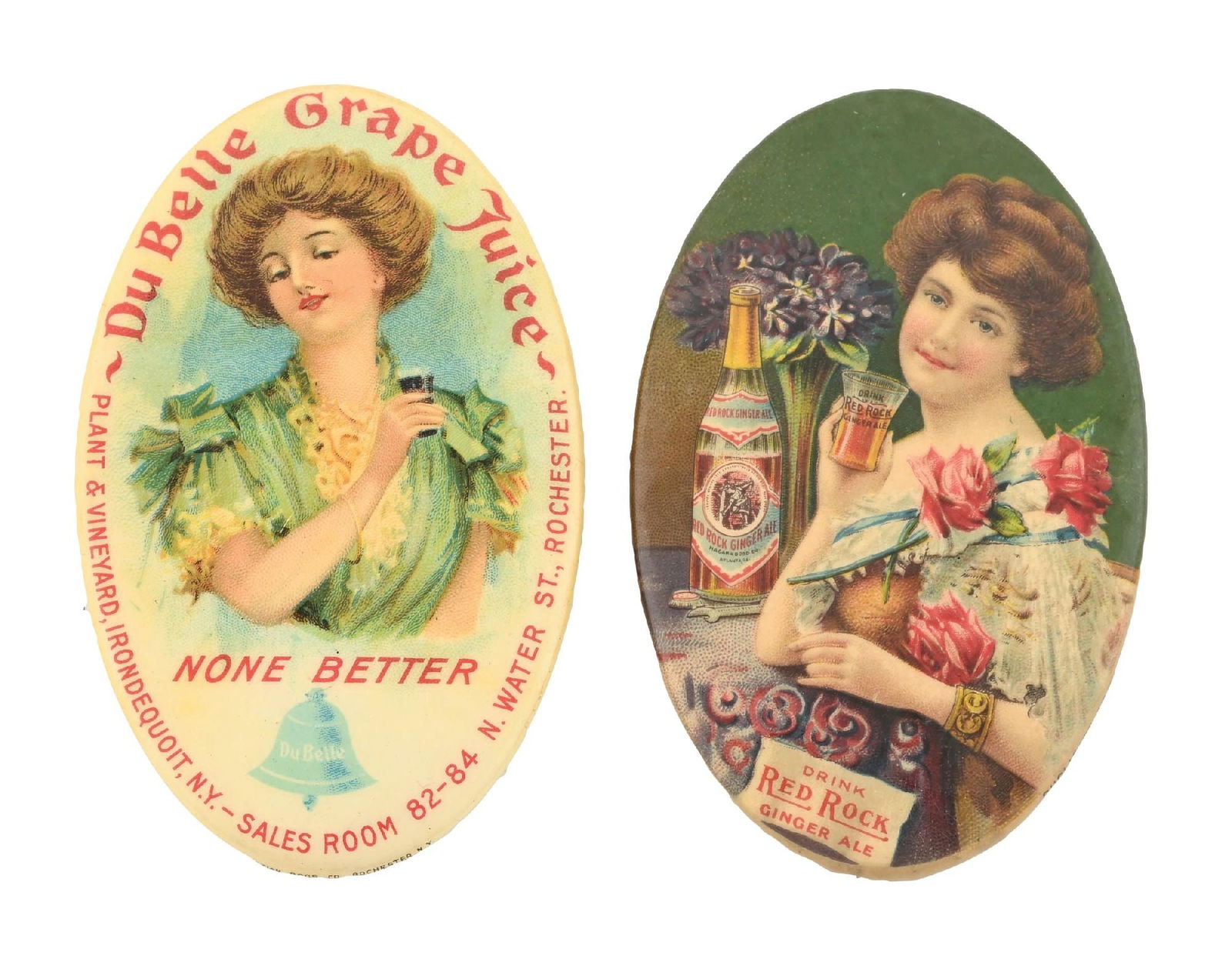 PAIR OF ADVERTISING POCKET MIRRORS: CONDITION: (A) A DuBelle Grape Juice pocket mirror, showing great color and shine. No breaks or rips to the celluloid. It has a 90% clear mirror with light oxidation to the rim. (8.7). (B) A Red Rock