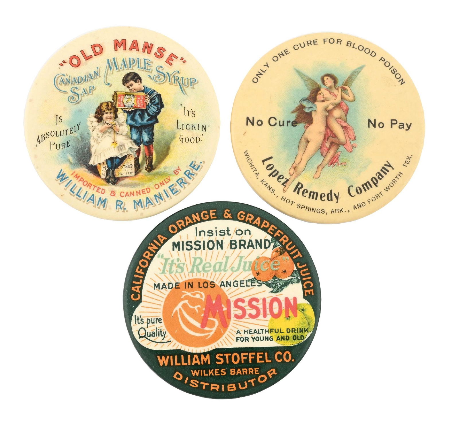 COLLECTION OF 3: CELLULOID ADVERTISING POCKET MIRRORS: CONDITION: (A) A Lopez Remedy Company pocket mirror, showing light stippling to the celluloid. No rips, tears, or staining. An 80% clear mirror with light oxidation to the rim. (8.5). (B) A William R.