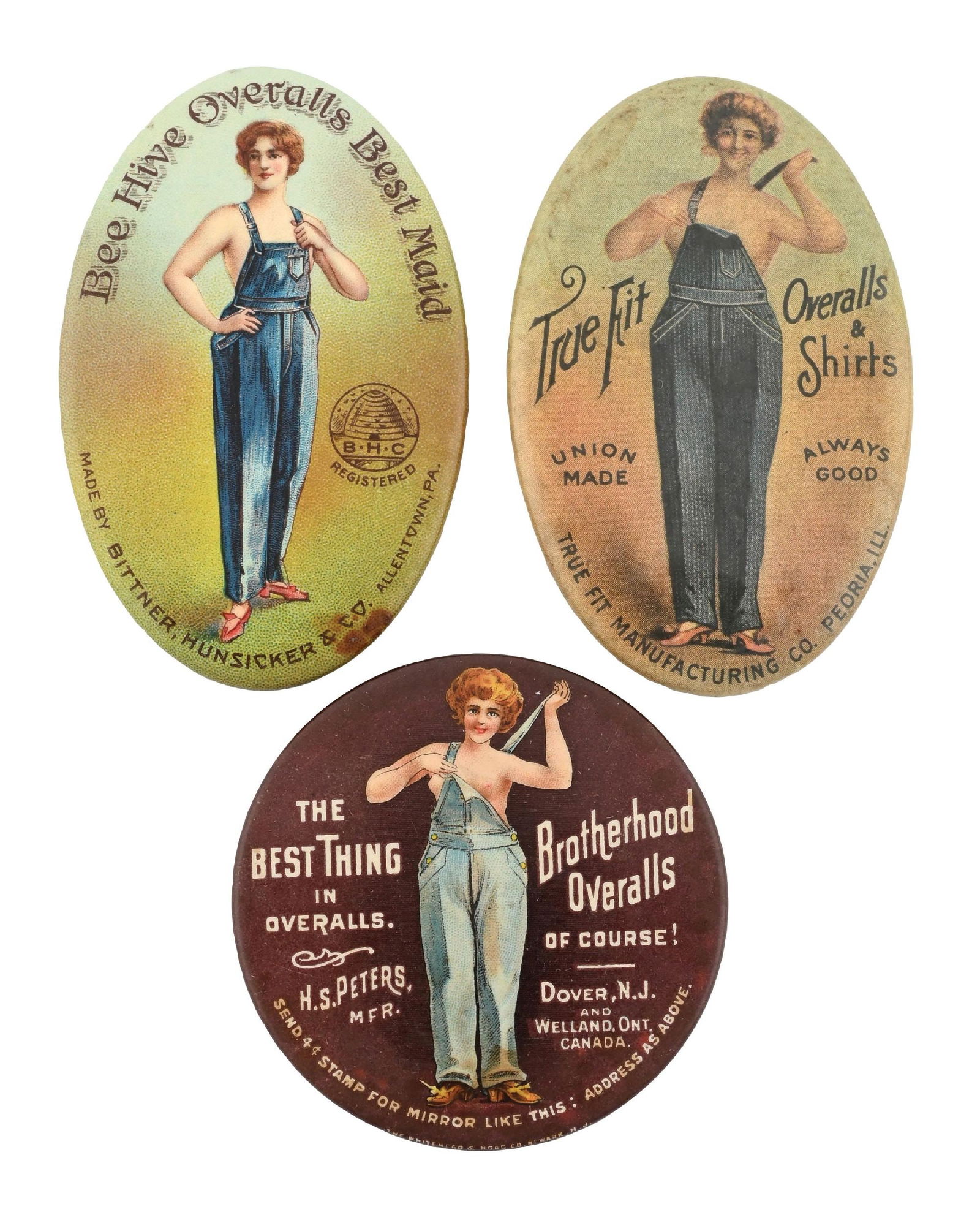 COLLECTION OF 3: ADVERTISING POCKET MIRRORS: CONDITION: (A) A True Fit Overalls and Shirts pocket mirror, showing overall stippling to the celluloid. There are some areas of staining to the upper edge. A 90% clear mirror with light oxidation to