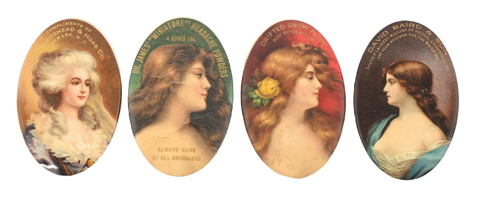 COLLECTION OF 4: ADVERTISING POCKET MIRRORS: CONDITION: (A) A Dr. James Miniature Headache Powders pocket mirror, showing multiple folds and rips to the celluloid. It shows oxidation to the mirror. (6.0). (B) A Drifted Snowflower pocket mirror,