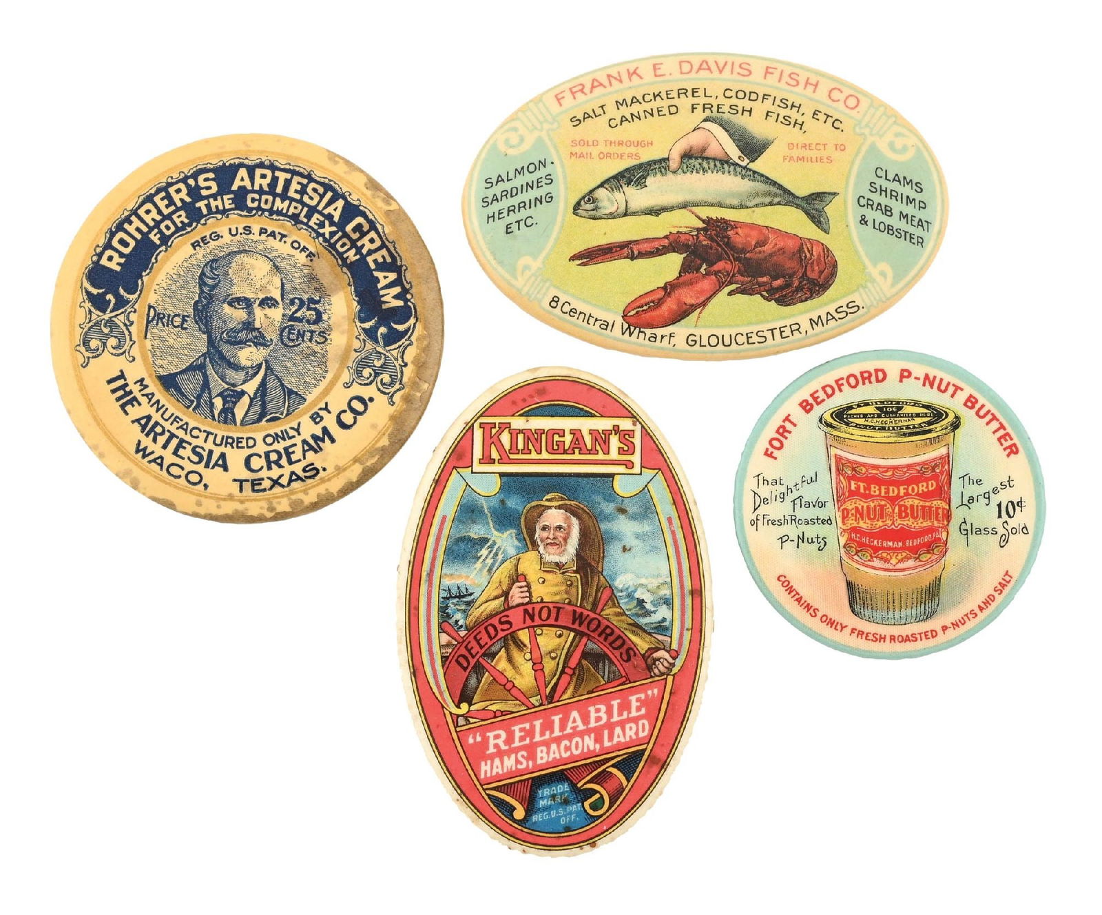 COLLECTION OF 4: ADVERTISING POCKET MIRRORS: CONDITION: (A) A Fort Bedford Peanut Butter pocket mirror, showing great color and shine. No imperfections to the celluloid. A 90% clear mirror with light oxidation to the rim. (7.0). (B) A Rohrer's A