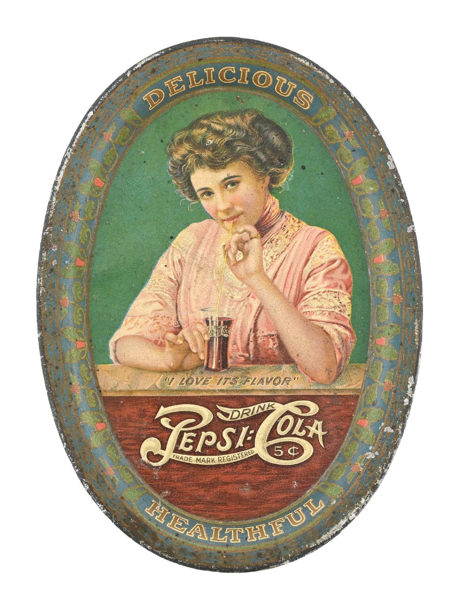 RARE 1910 PEPSI-COLA TIP TRAY: SST. CONDITION: It shows moderate to extreme edgewear to the outside rim, with modest color and shine. It has denting to the overall tray, both in the main field and in the rim. Light areas of foxing