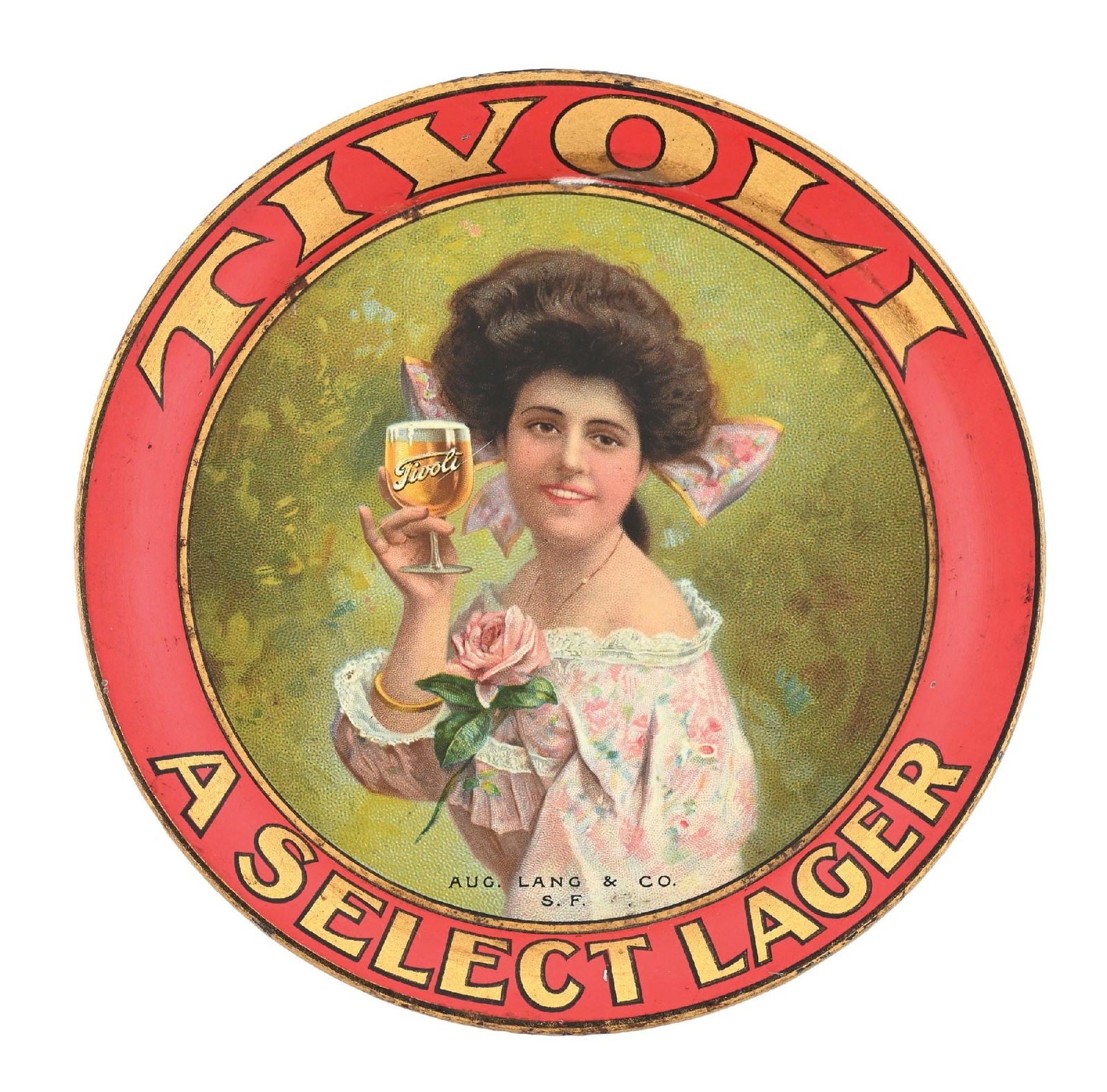 TIVOLI LAGER BEER TIP TRAY: Pre-Prohibition, c. early 1900s. August Lang & Co. Brewing, San Francisco, California. Victorian scene of woman holding a glass of Tivoli Beer. CONDITION: Solid example with some light wear, mostly to