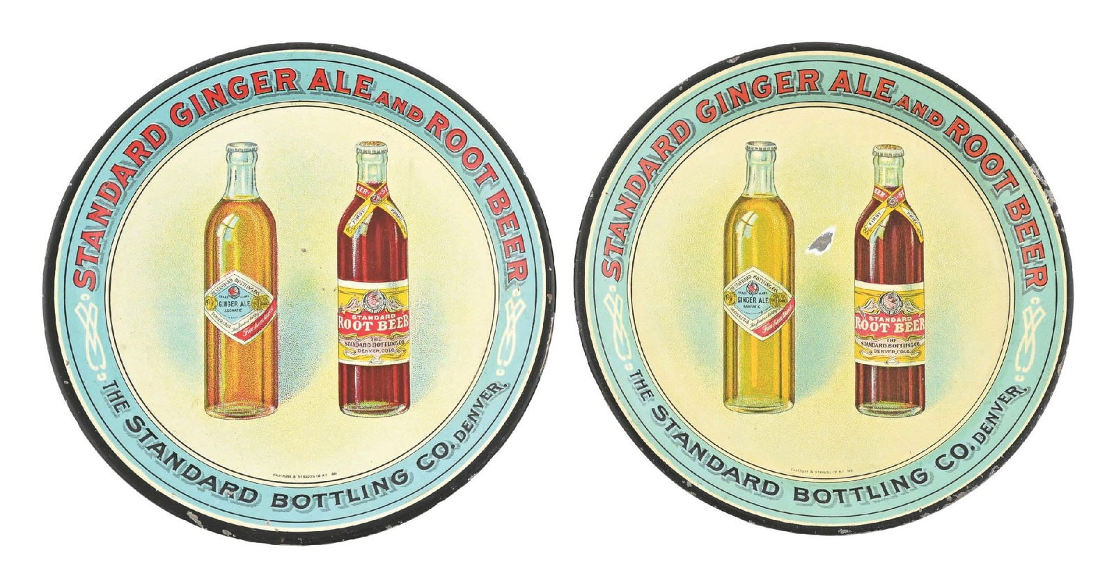 PAIR OF STANDARD GINGER ALE & ROOT BEER TIP TRAYS: C. 1910s-1920s. Standard Bottling Co., Denver, Colorado. Beautiful label bottle tip trays. CONDITION: Outstanding colors and graphics. Scratch in middle face on one, the other has some minor