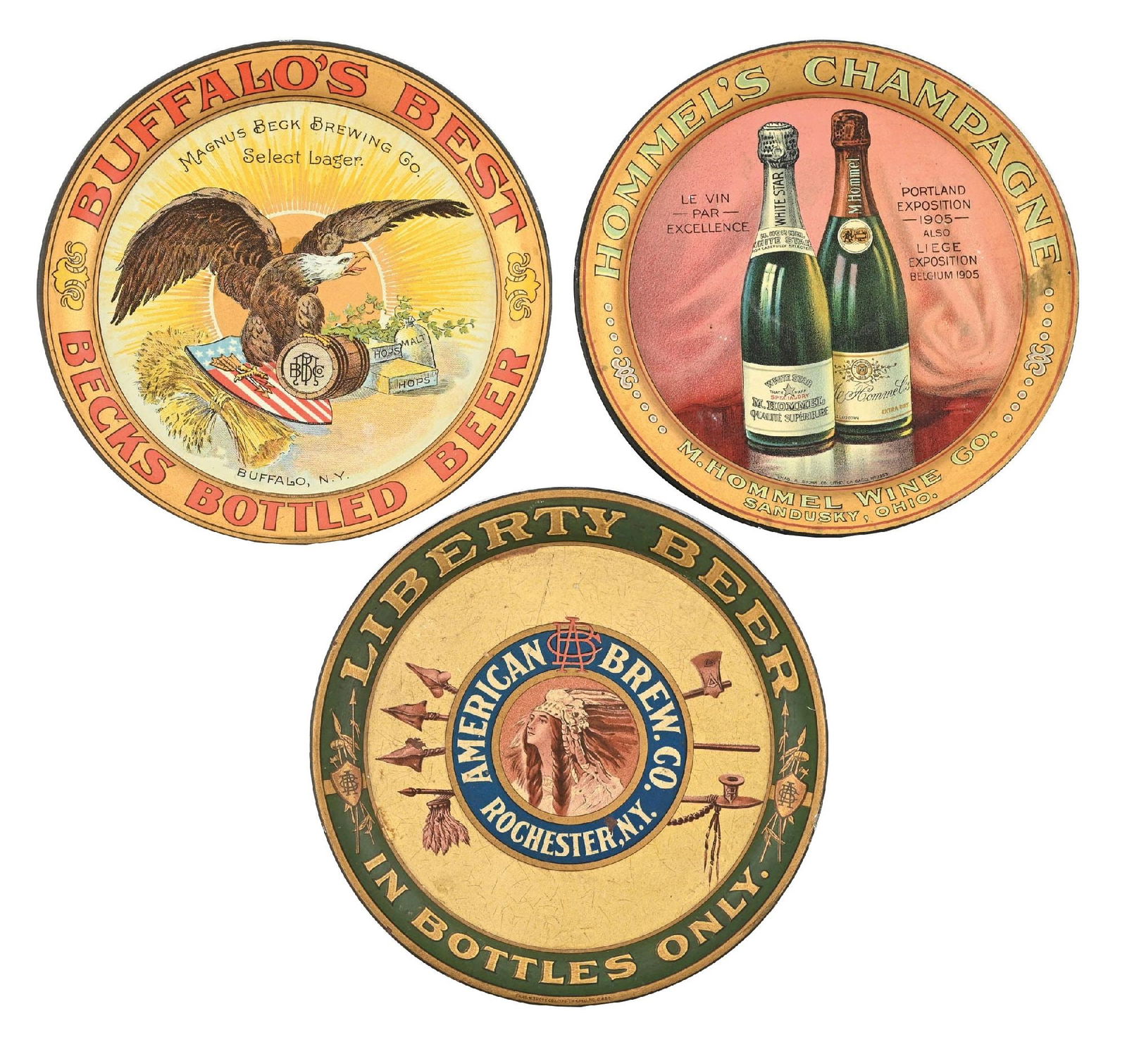 COLLECTION OF 3: BEER & CHAMPAGNE TIP TRAYS: Pre-Prohibition, c. early 1900s. CONDITION: (A) Buffalo's Best is clean overall with only very minor wear, mostly to outer rim. (B) Liberty has some overall wear, scuffing, and scratches. (C) Hommel's