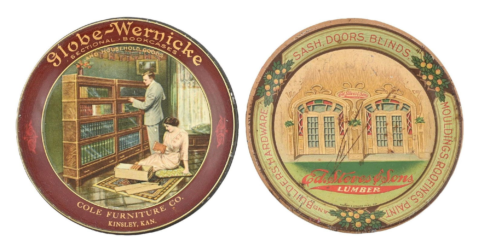 COLLECTION OF 3 ED. STEVES & SONS & GLOBE-WERNICKE COIN TRAYS: CONDITION: (A) SST. Maker marked for the Hoffman & Strauss Company out of New York. A ED. Stevens & Sons Doors and Blinds tip tray, showing modest color and shine. It has moderate outside rim wear and