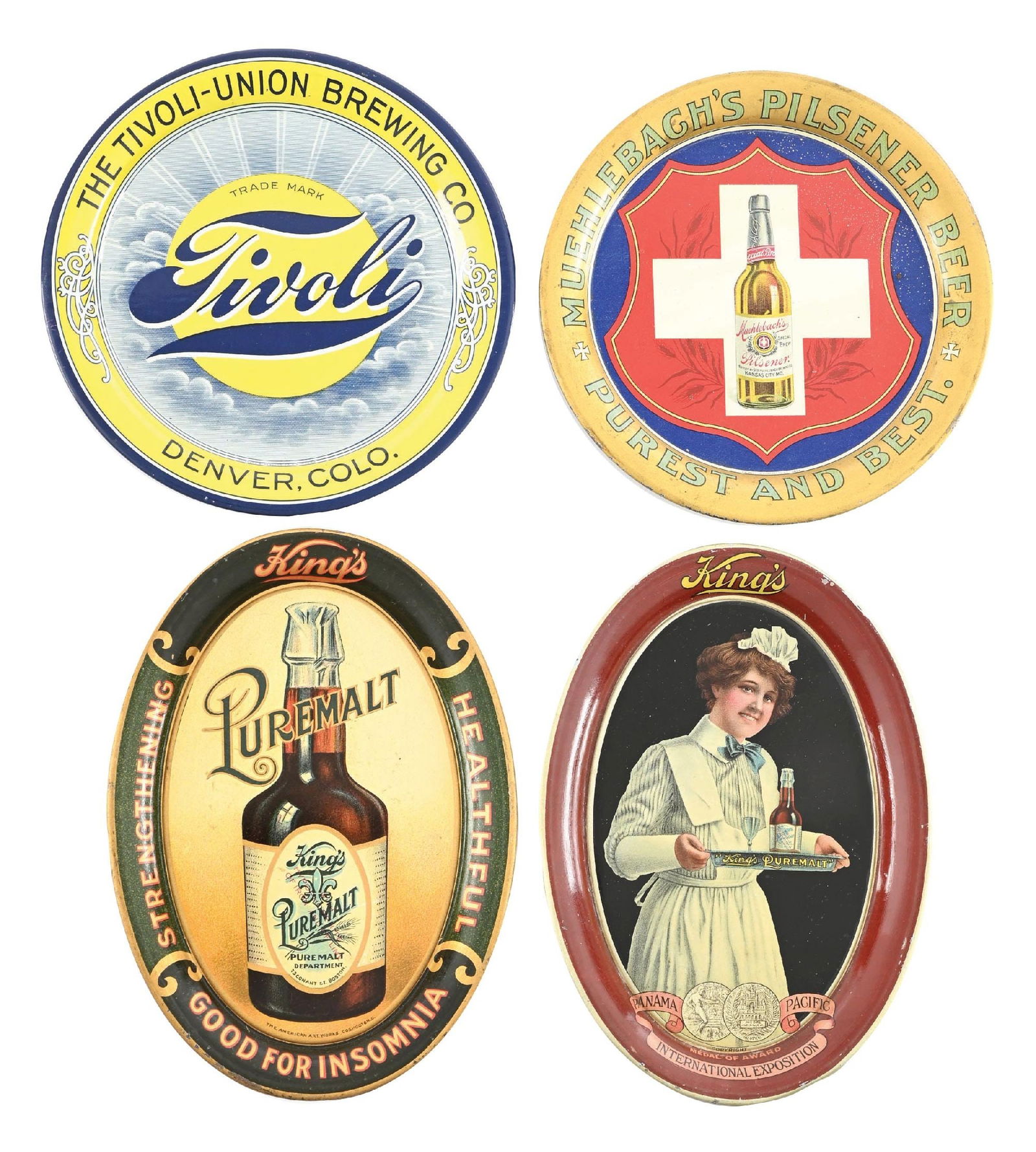 COLLECTION OF 4: MISCELLANEOUS BREWERY & MALT TIP TRAYS: Pre-Prohibition, c. 1910s-1920s. CONDITION: Tivoli is the cleanest, with incredible bright color and gloss. Other three are solid, with some general minor wear. Condition: (7.75 - 9.5). Dimensions: La