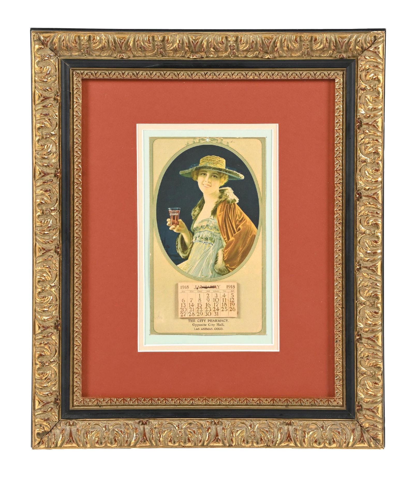 JANUARY 1918 FRAMED ADVERTISING COCA-COLA CALENDAR (1 of 2)