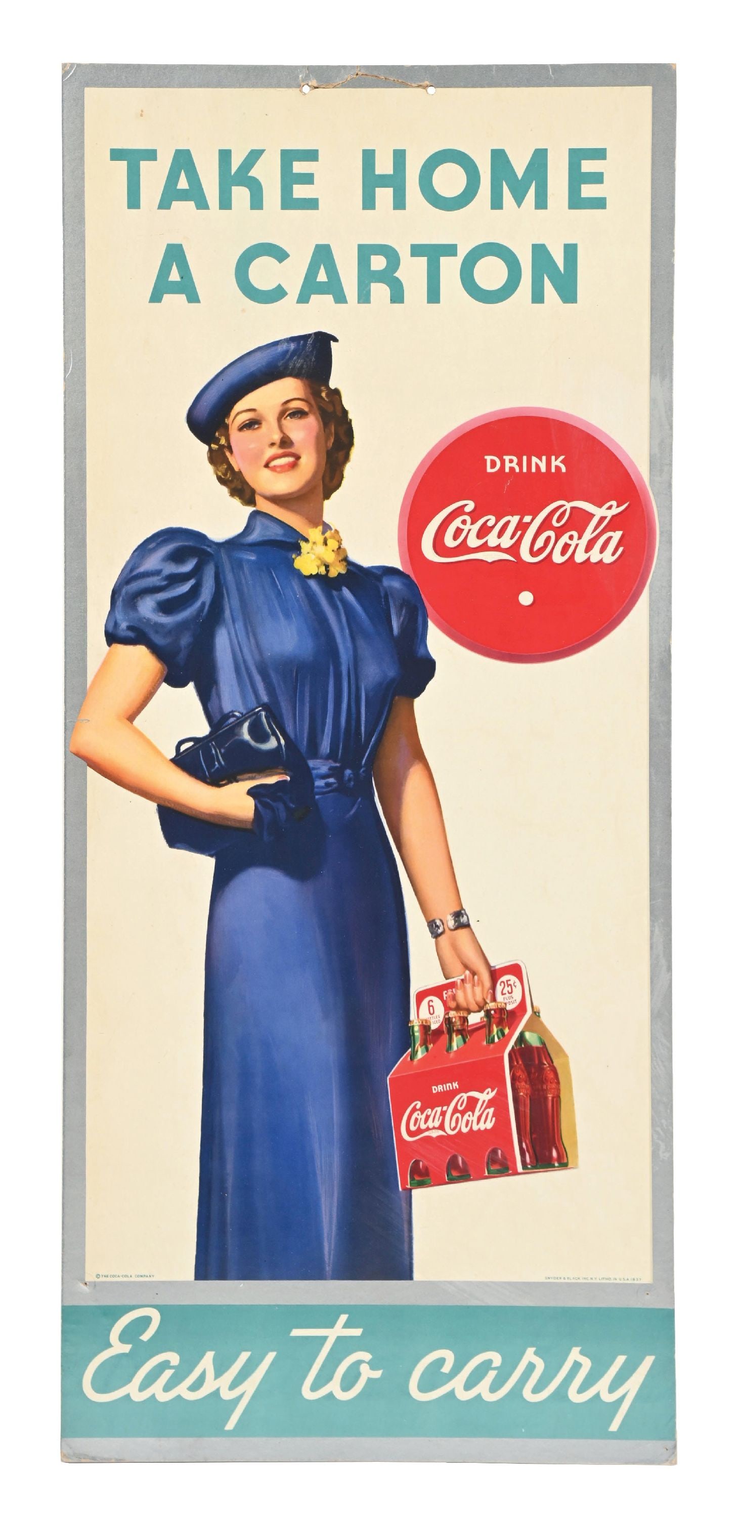 FRAMED "TAKE HOME A CARTON, EASY TO CARRY" COCA-COLA CARDBOARD LITHOGRAPH SIGN (1 of 4)