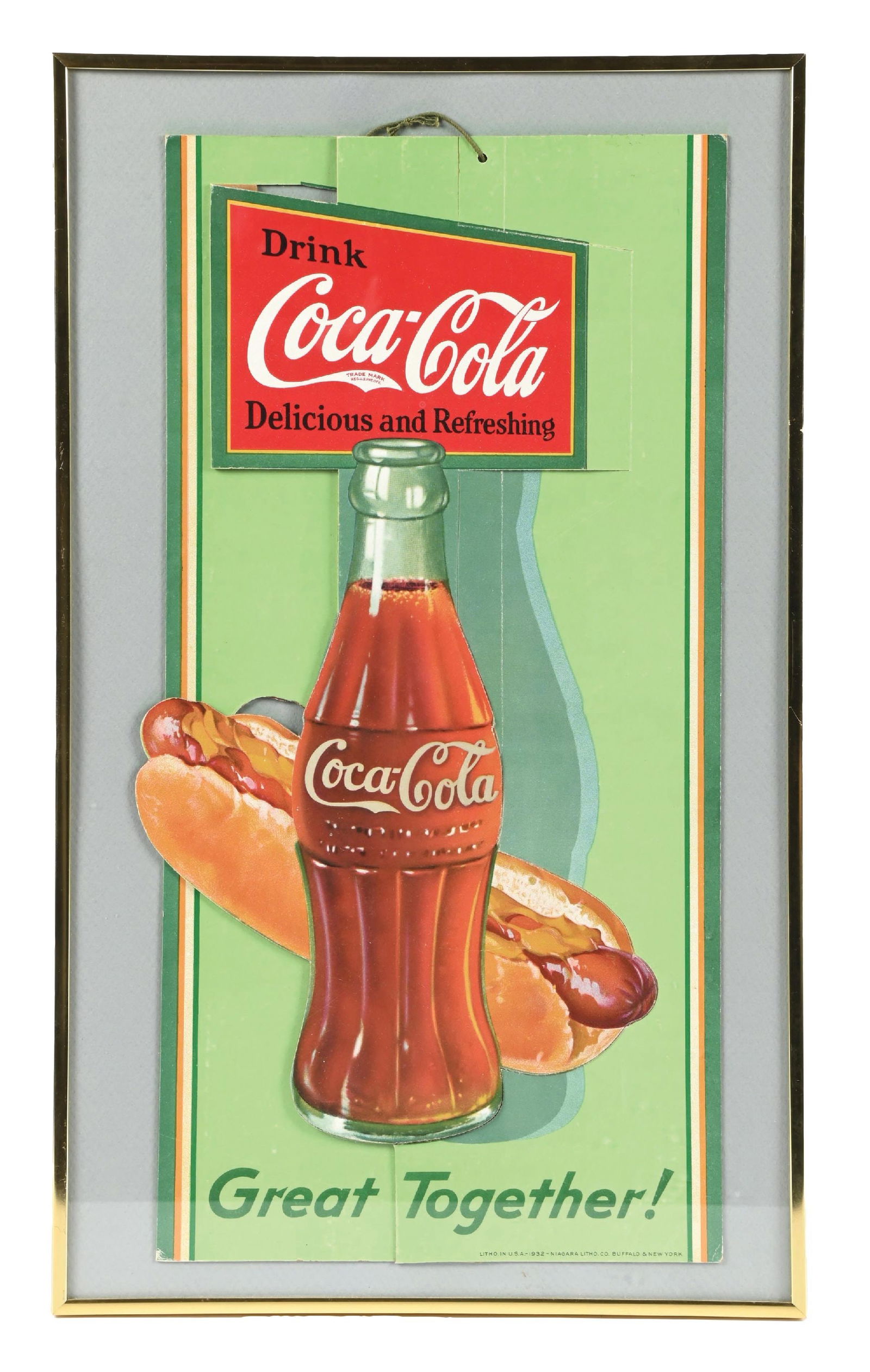 COCA-COLA 3-D CARDBOARD HANGER SIGN W/ HOTDOG & BOTTLE GRAPHIC (1 of 2)