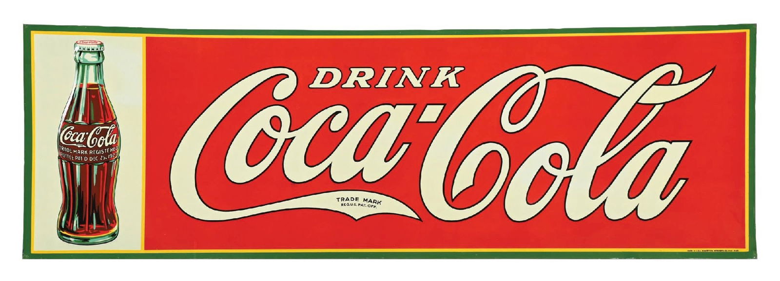DRINK COCA-COLA EMBOSSED TIN SIGN W/ CHRISTMAS BOTTLE GRAPHIC: SST. Maker marked Robertson, dated 1933. CONDITION: Outstanding color and gloss throughout, showing no notable field wear with crisp script and graphic. Minimal areas of light wear along the outer edg