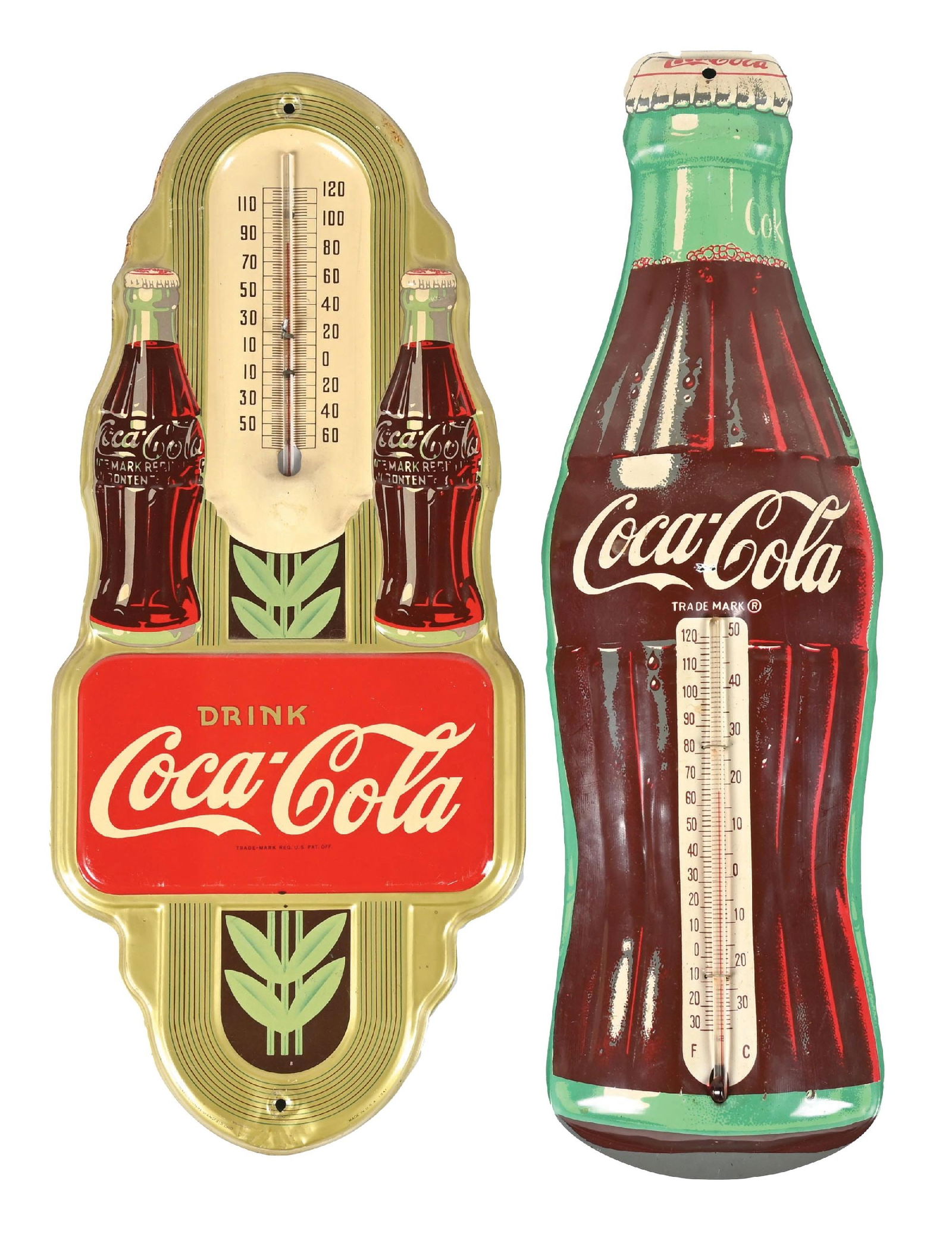 PAIR OF COA-COLA DIE-CUT THERMOMETERS: CONDITION: (A) A Coca-Cola double-bottle art deco die-cut thermometer. It shows good color and shine, with light denting at the bottom mounting hole. It has a replaced thermometer, and no noticeable s