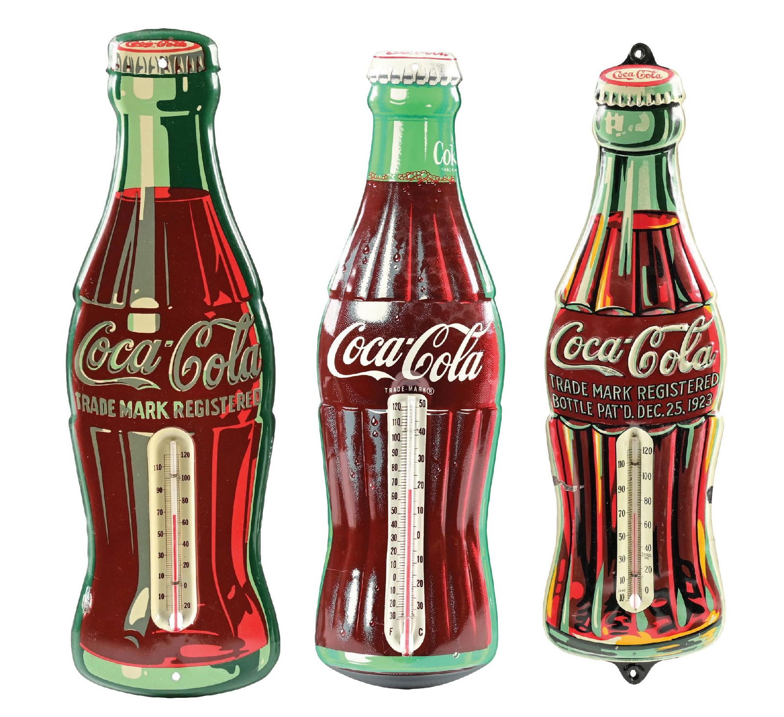 COLLECTION OF 3: COCA-COLA EMBOSSED TIN BOTTLE THERMOMETERS: Collection Consists Of: Three individual embossed tin Coca-Cola bottle thermometers. CONDITION: Each bottle in very good condition, showing bright color and gloss, with each showing general areas of l