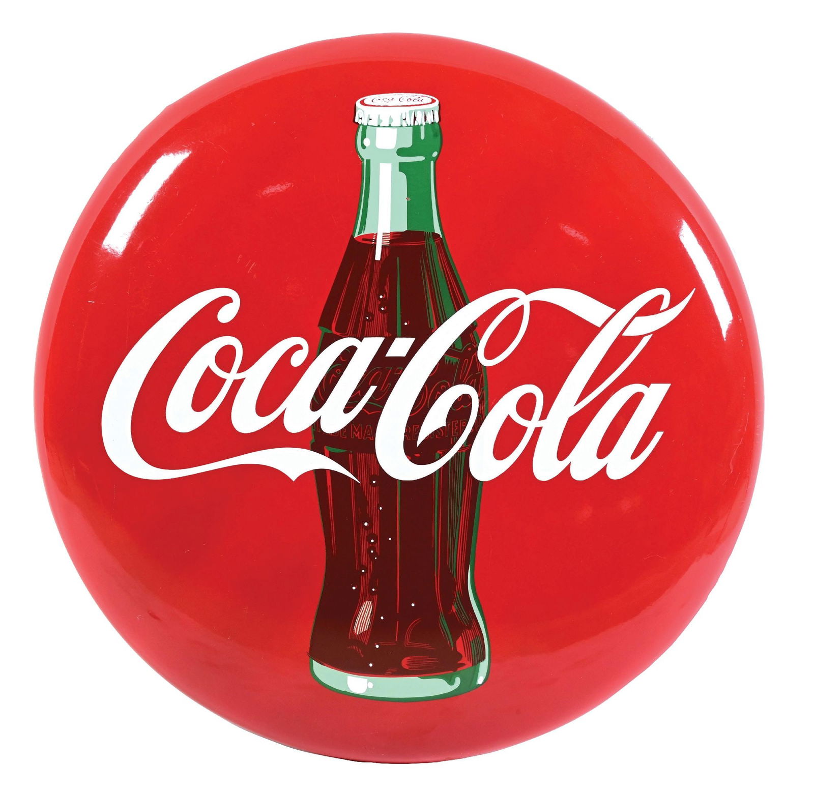 COCA COLA 36" PORCELAIN BUTTON SIGN W/ BOTTLE GRAPHIC. (1 of 2)