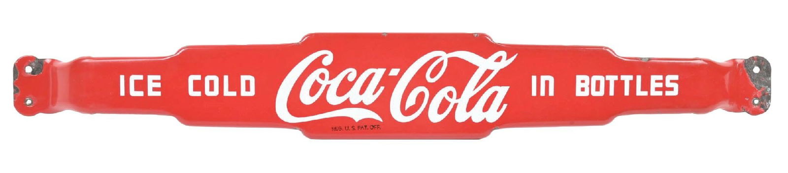 ICE COLD COCA-COLA IN BOTTLES DOOR PUSH BAR SIGN: This c. 1940s porcelain push bar sign from Coca-Cola features the script logo in the center with "Thank You - Call Again" on the backside. CONDITION: The field remains bright and glossy. The outer rol