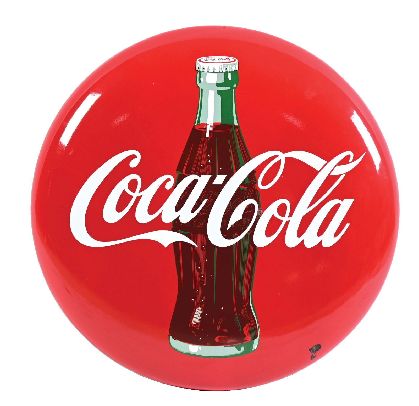 COCA-COLA PORCELAIN BUTTON SIGN W/ BOTTLE GRAPHIC.: SSP. CONDITION: Outstanding color & gloss throughout showing some minor areas of light wear in the field with one chip in the center as well as one chip at the lower right. Minimal wear at the lower m