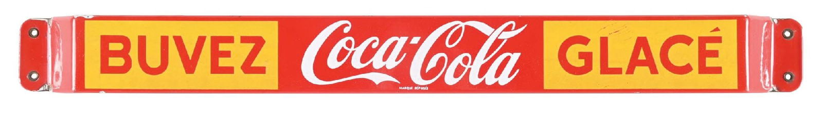 DRINK ICE COLD COCA COLA PORCELAIN DOOR PUSH BAR SIGN: SSP. C. 1950's Porcelain Push Bar for Coca Cola showing "Buvez-Glace" at the left and right for "Drink Ice Cold". CONDITION: Brilliant color & gloss throughout the field showing no notable field wear