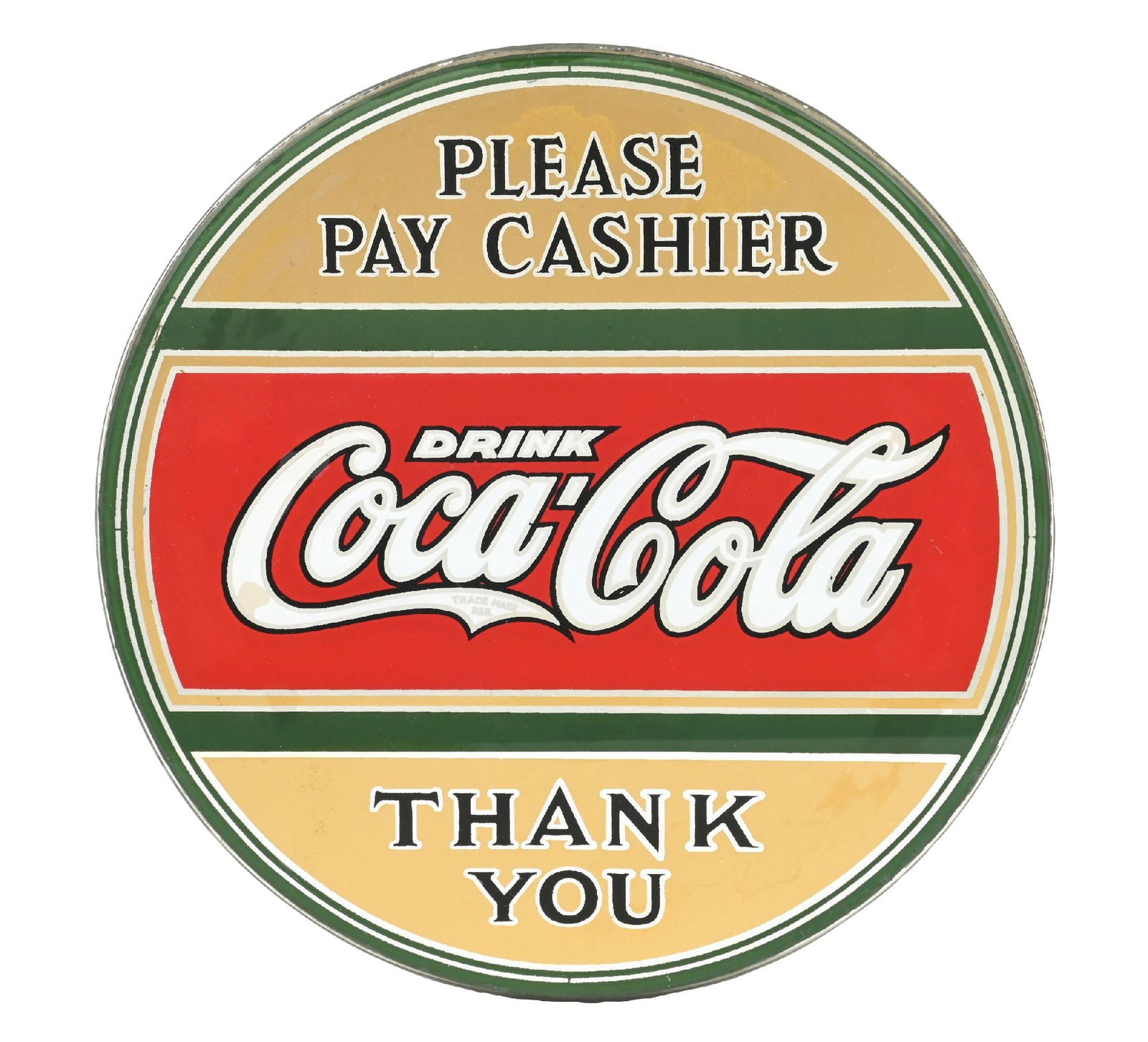 COCA-COLA "PLEASE PAY CASHIER" GLASS SIGN: Single-Sided Reverse Painted Glass Sign. CONDITION: Excellent color and gloss, showing some minor areas of cloudiness and spotting but overall very clean. Glass is chip-free with clean outer edges.
