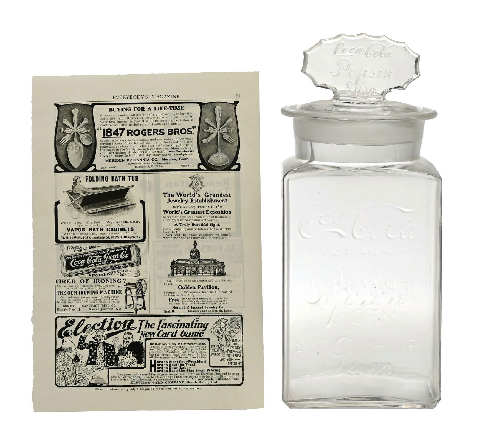 COLLECTION OF 2 COCA-COLA CHEWING GUM JAR & MAGAZINE ADVERTISEMENT: A nice collection of two chewing gum items from Coca-Cola, including a c. 1910 chewing gum jar and an original magazine page showing a Coca-Cola Gum Company advertisement. The body of the jar is