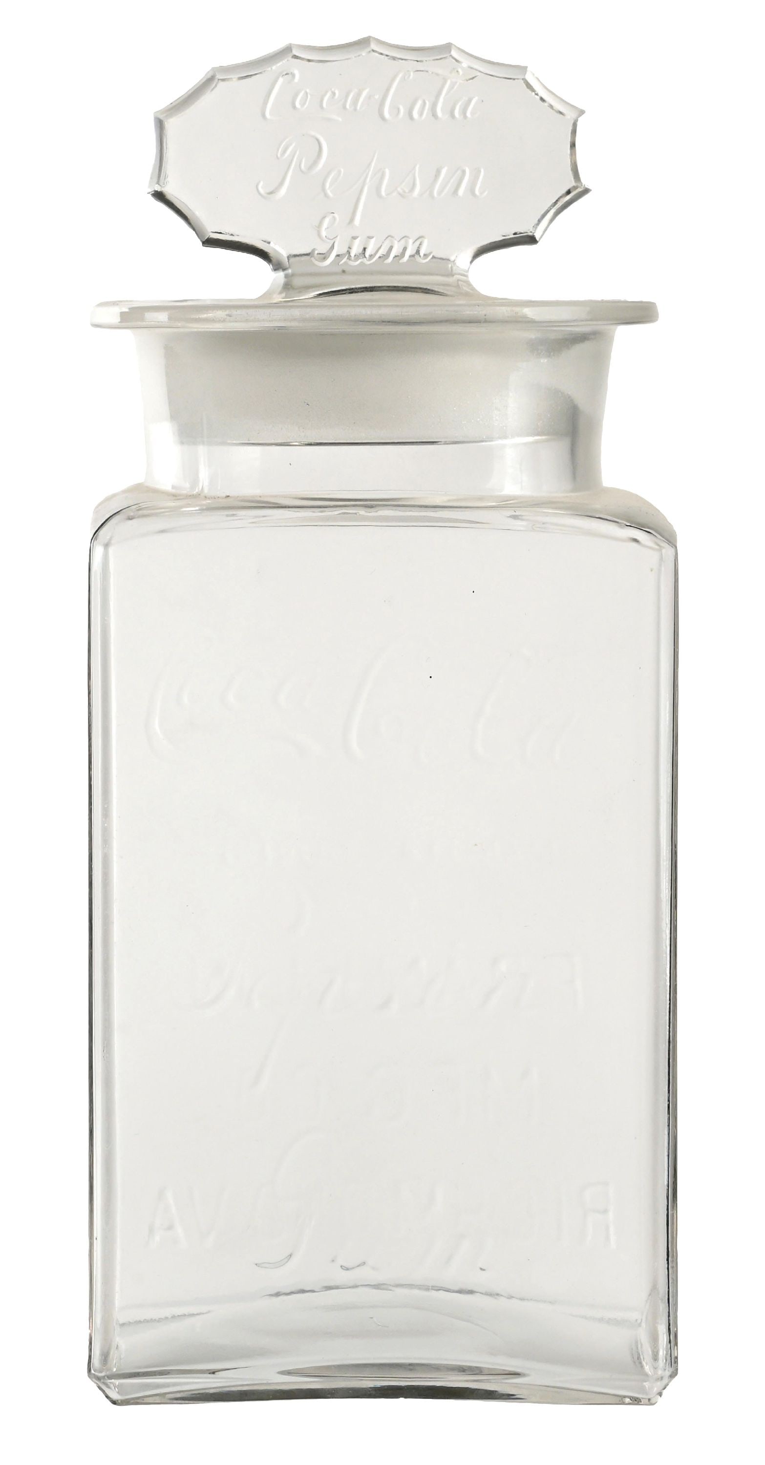 FRANKLIN CARO COCA-COLA PEPSIN GUM DISPLAY JAR: CONDITION: Showing original ground stopper with original etched lid, with clear glass and raised lettering for Coca-Cola Pepsin Gum. No breaks or cracks noted. Condition: (8.5). Dimensions: 4 - 1/2"