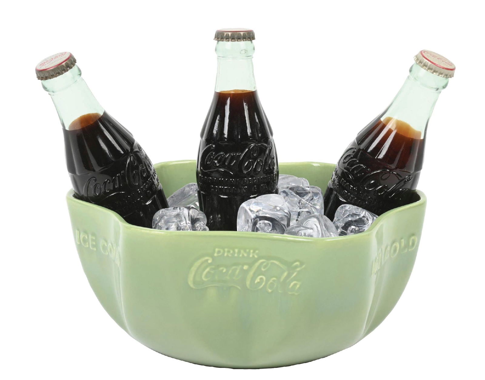 COCA-COLA DISPLAY BOWL WITH BOTTLES: This c. 1930s Vernonware ceramic bowl with three display bottles and simulated ice features nicely embossed Coca-Cola logos on the outer edges of the bowl. The display bottles are marked "Jonesboro