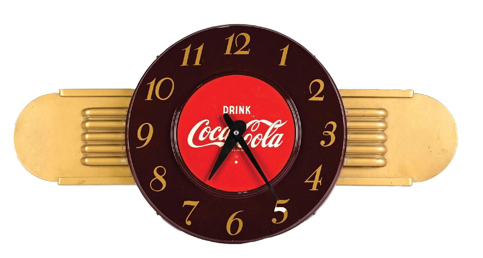 TIN DRINK COCA-COLA CLOCK MOUNTED TO ORIGINAL KAY BACKBOARD: CONDITION: It shows original paint to both the clock and backboard. It has the original cord, hands, and fully operational. It shows light surface scratches to the paint on the tin Coca-Cola clock. Th